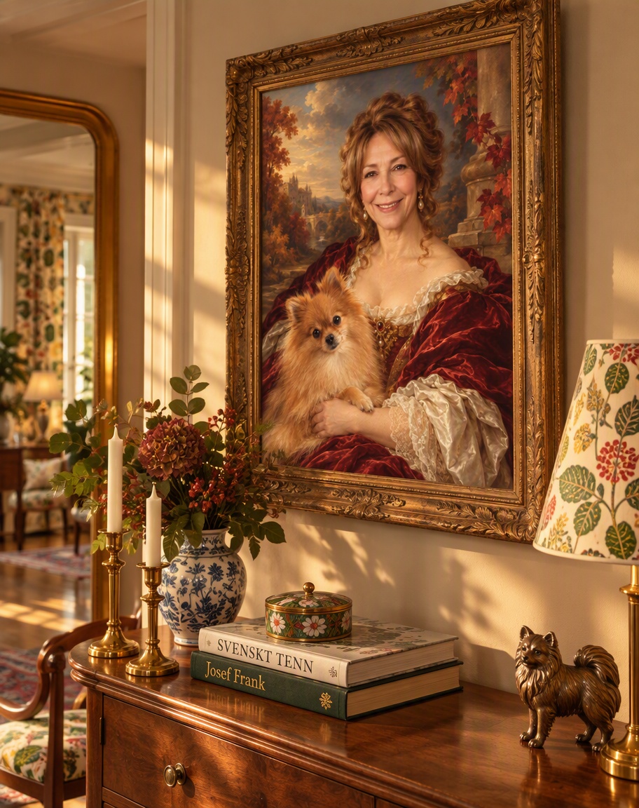Current Royal Autumn room visualization: the portrait in a gilt frame above a wooden chest of drawers with candlesticks, flowers and books in a warmly lit room.