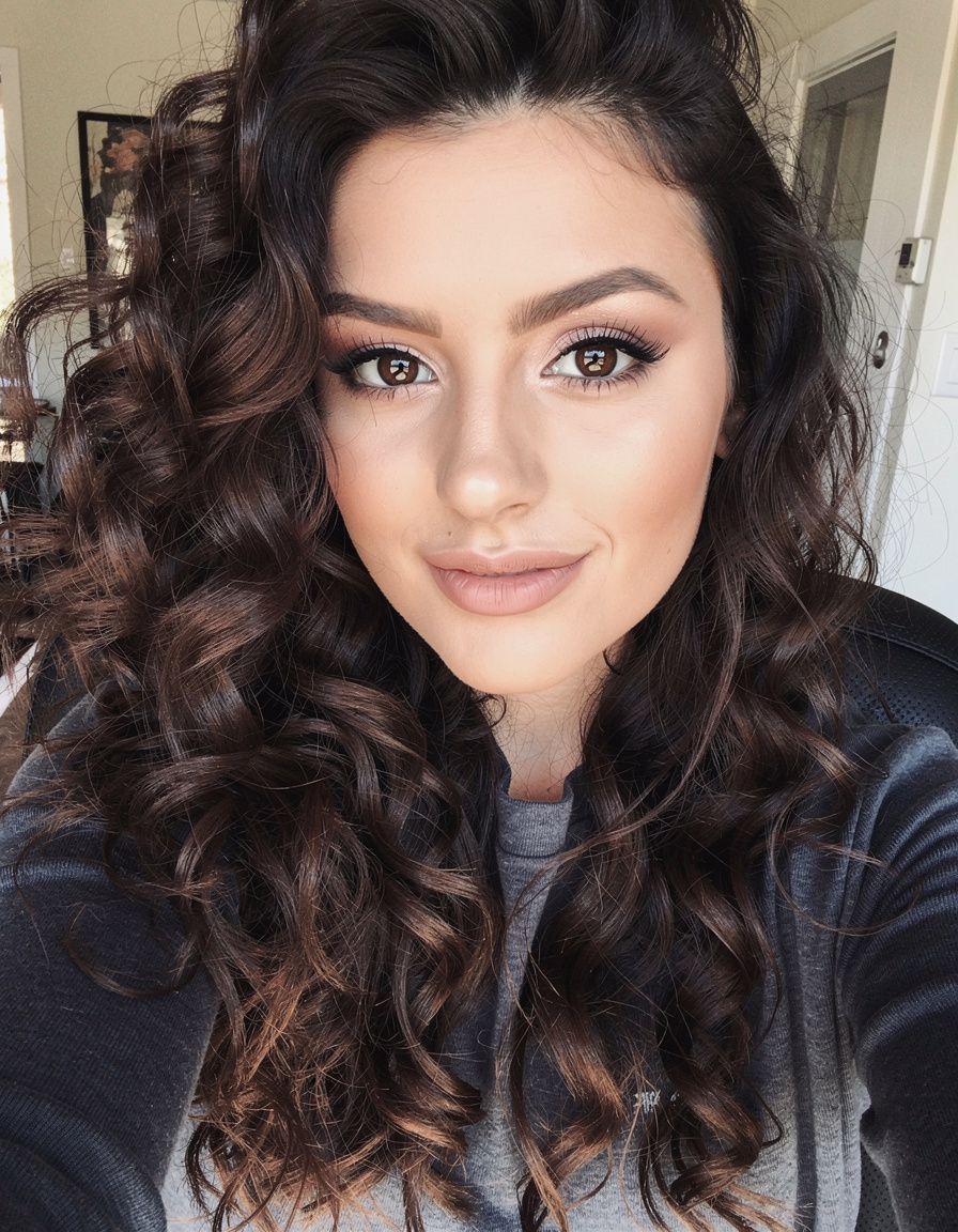 A young woman with long dark curly hair takes a close selfie in a grey top.