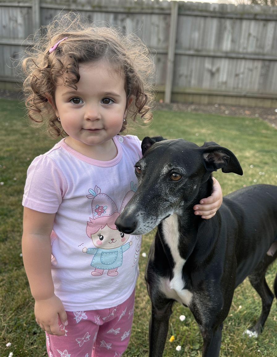 A toddler girl with curly hair stands in a garden with her arm around a black greyhound.