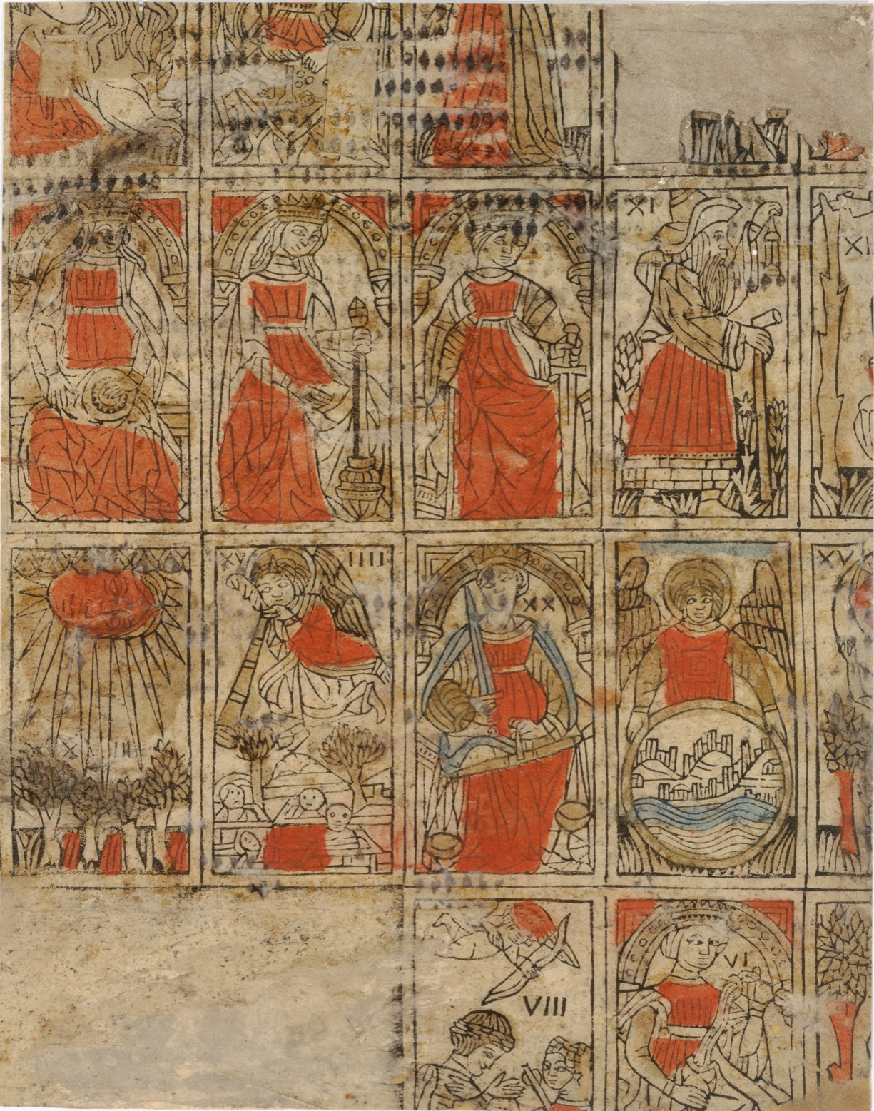 An uncut sheet of Italian tarocchi cards, woodcut with stencilled red, blue and brown, about 1500.