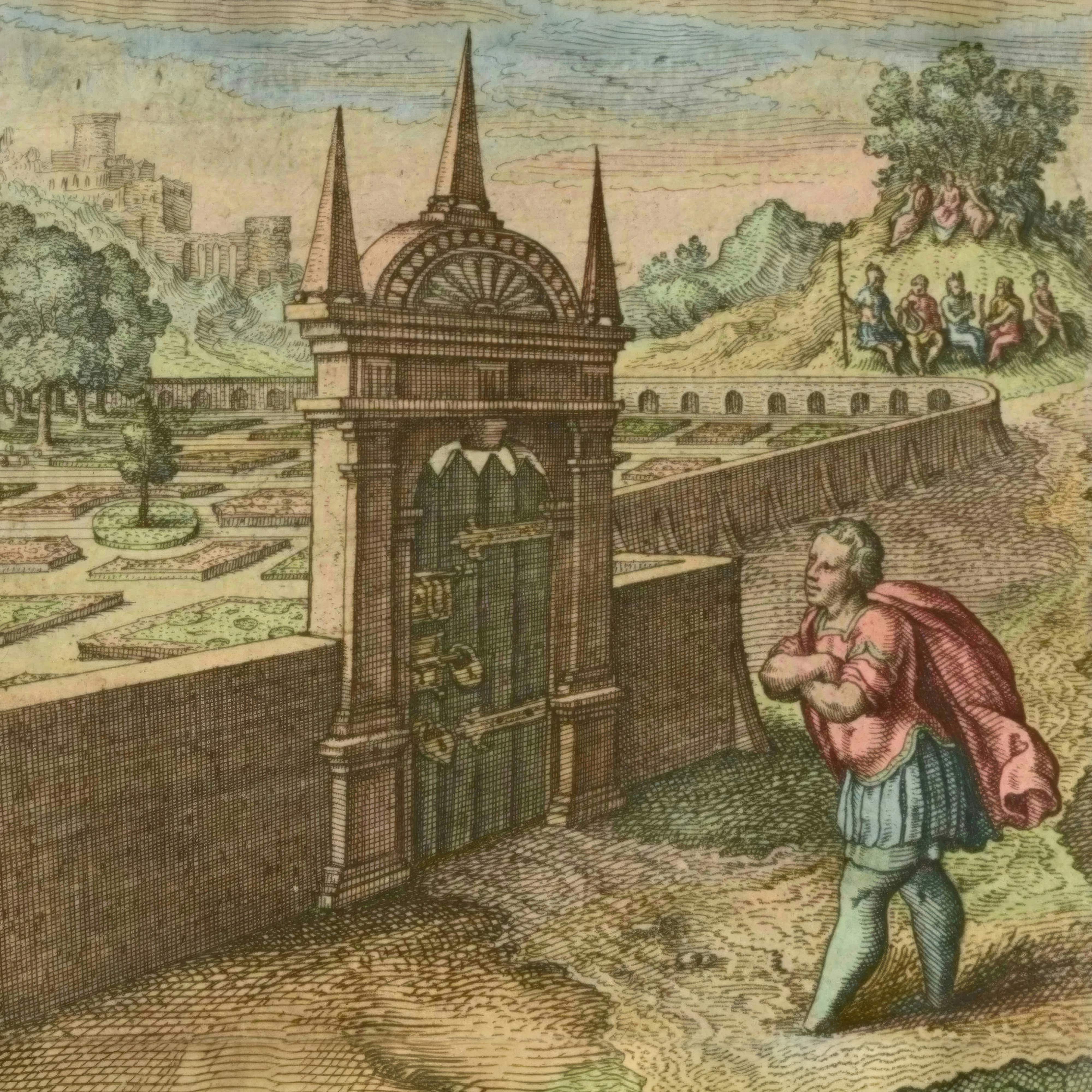 An engraved emblem of a man trying to enter a walled rose garden through a locked gate.