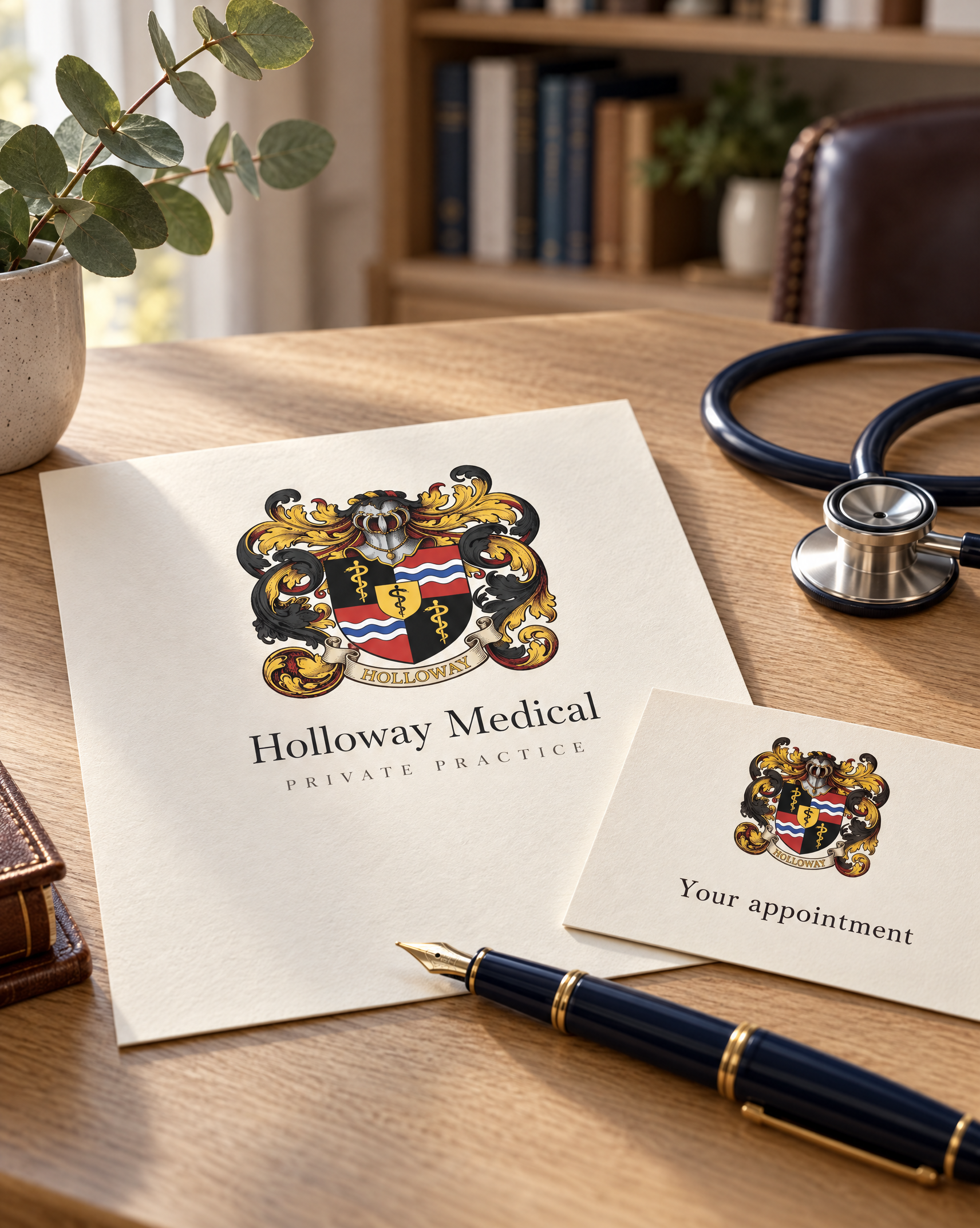 Holloway Medical letterhead and appointment card with a coat of arms showing the rod of Asclepius, on an oak desk with a stethoscope and fountain pen.