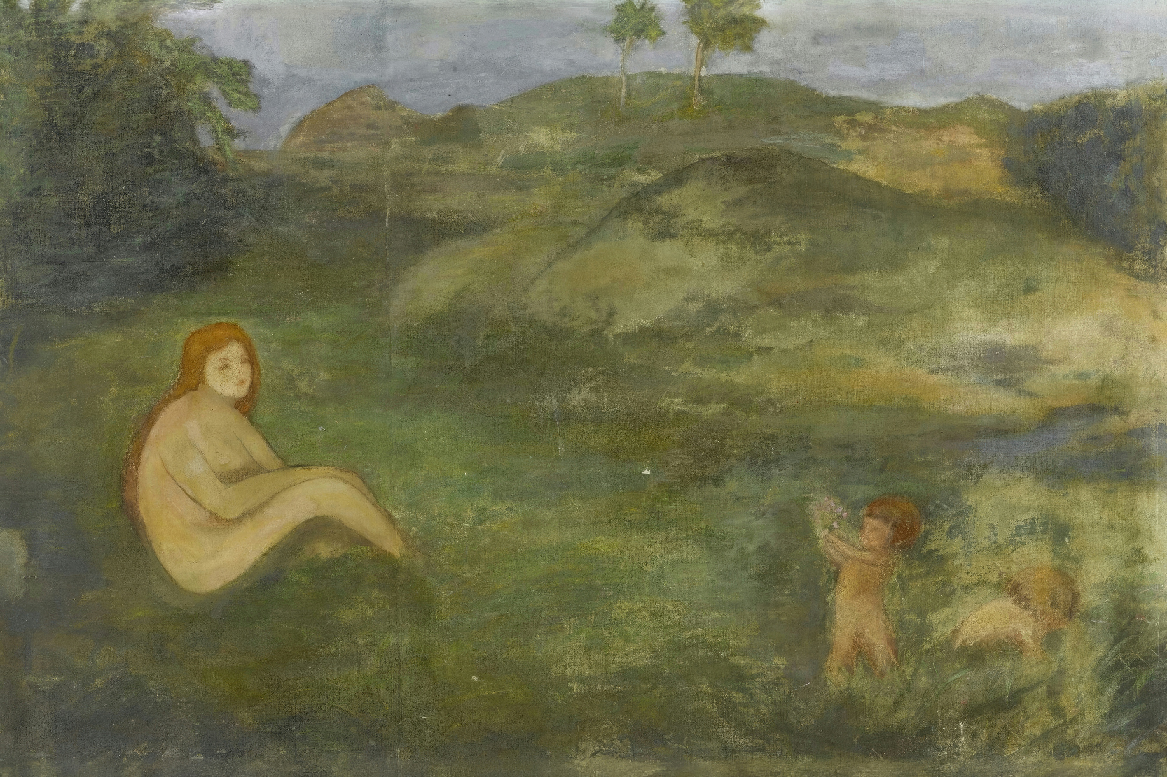 A nymph rests in a wide sage green meadow under a soft overcast sky.