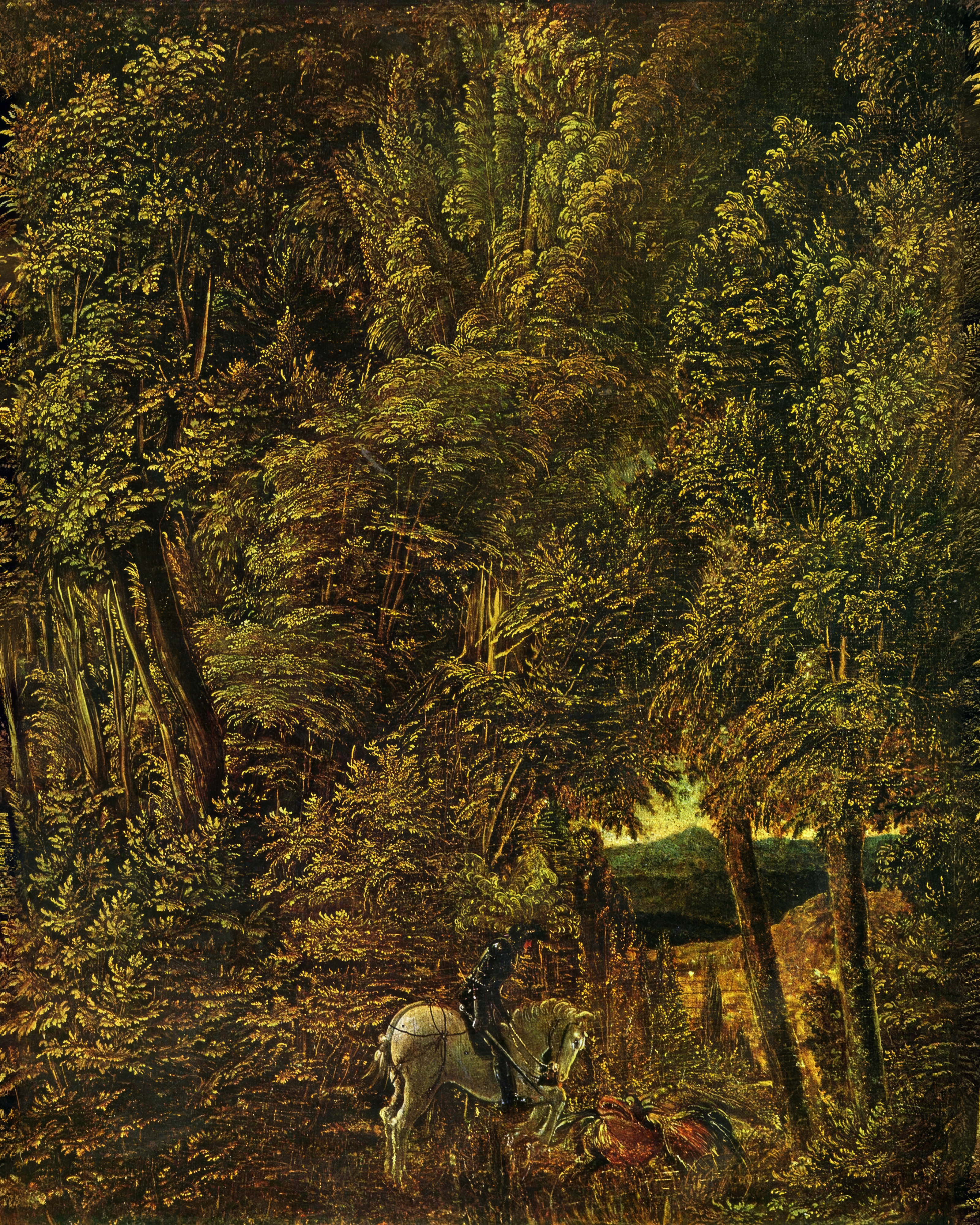 A tiny knight on a white horse almost disappears in a towering forest of glowing green and gold leaves.