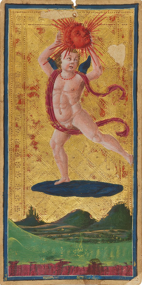 The Sun, a painted trump of the Visconti–Sforza tarot: a child standing on a cloud holds up the red face of the sun above a green landscape, on a gold ground.