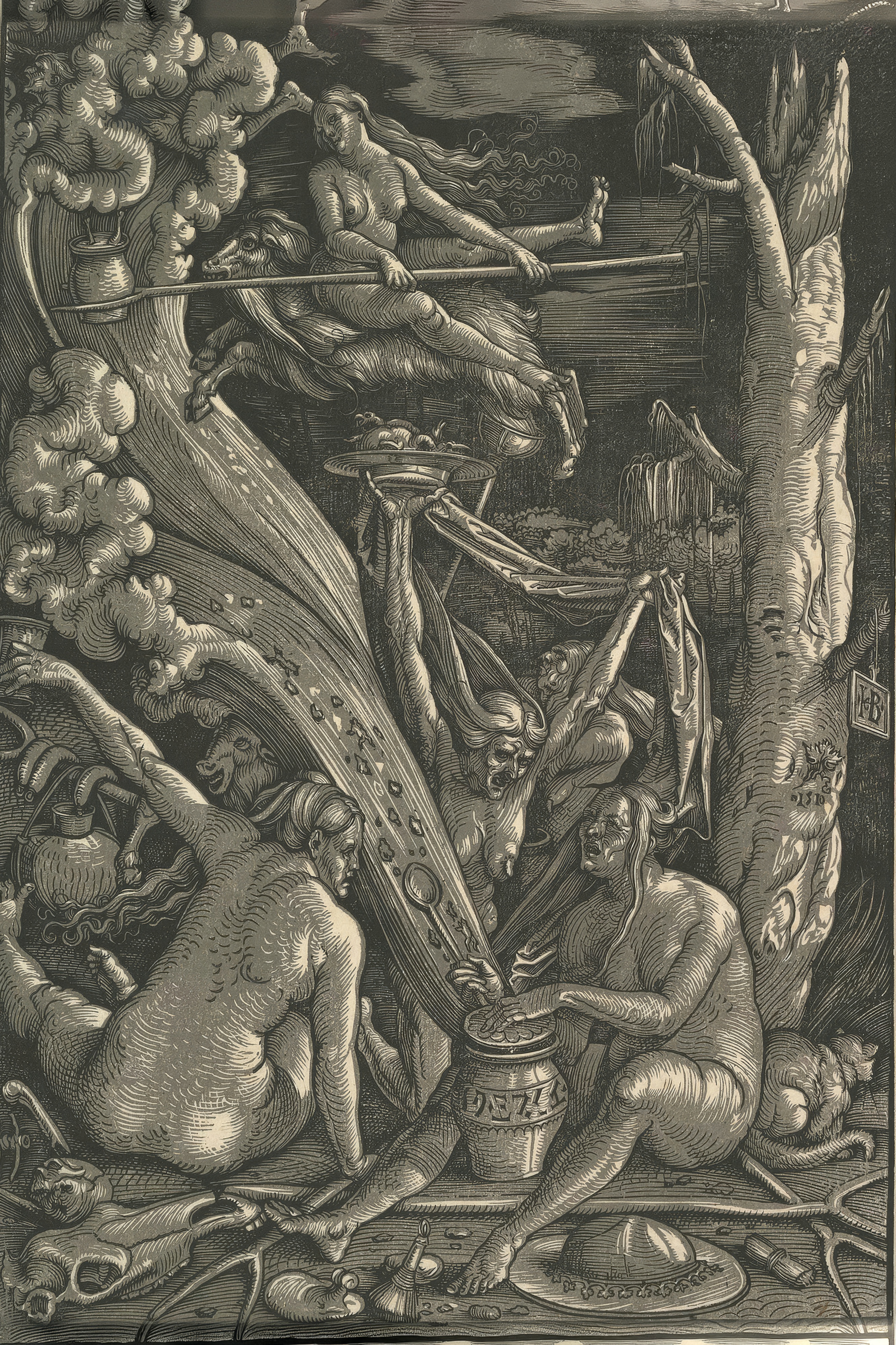 Naked witches gather round a steaming jar under a dead tree while another rides backwards on a flying goat.