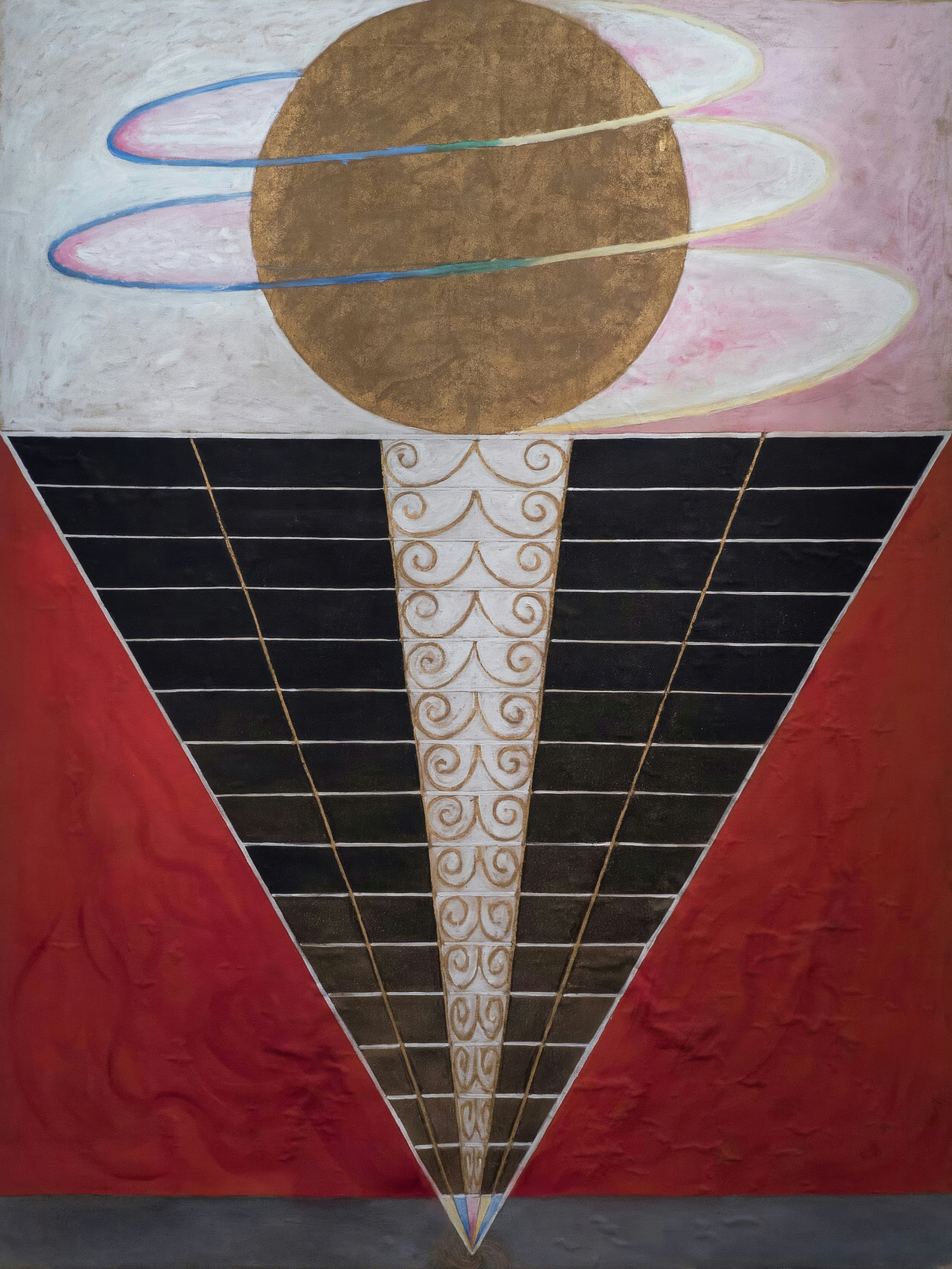 A golden ringed sphere like a planet hangs above an inverted triangle of black and white bands on a red ground, wreathed in pale circling lines.