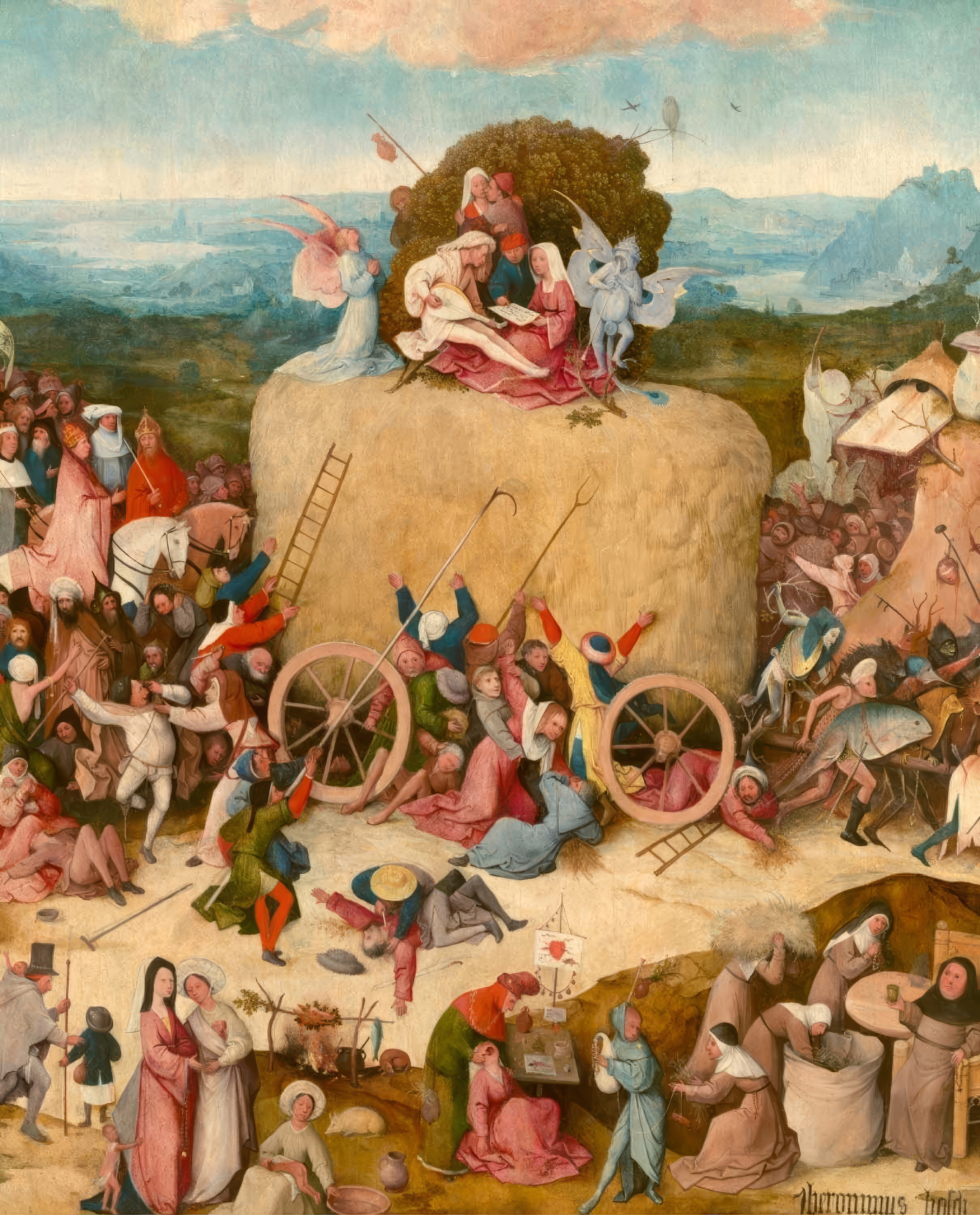 The centre panel of Bosch's Haywain Triptych: a great cart of hay with lovers on top, a crowd scrambling round its wheels and a procession of a pope and nobles behind, with Christ in the clouds above; the whole panel.