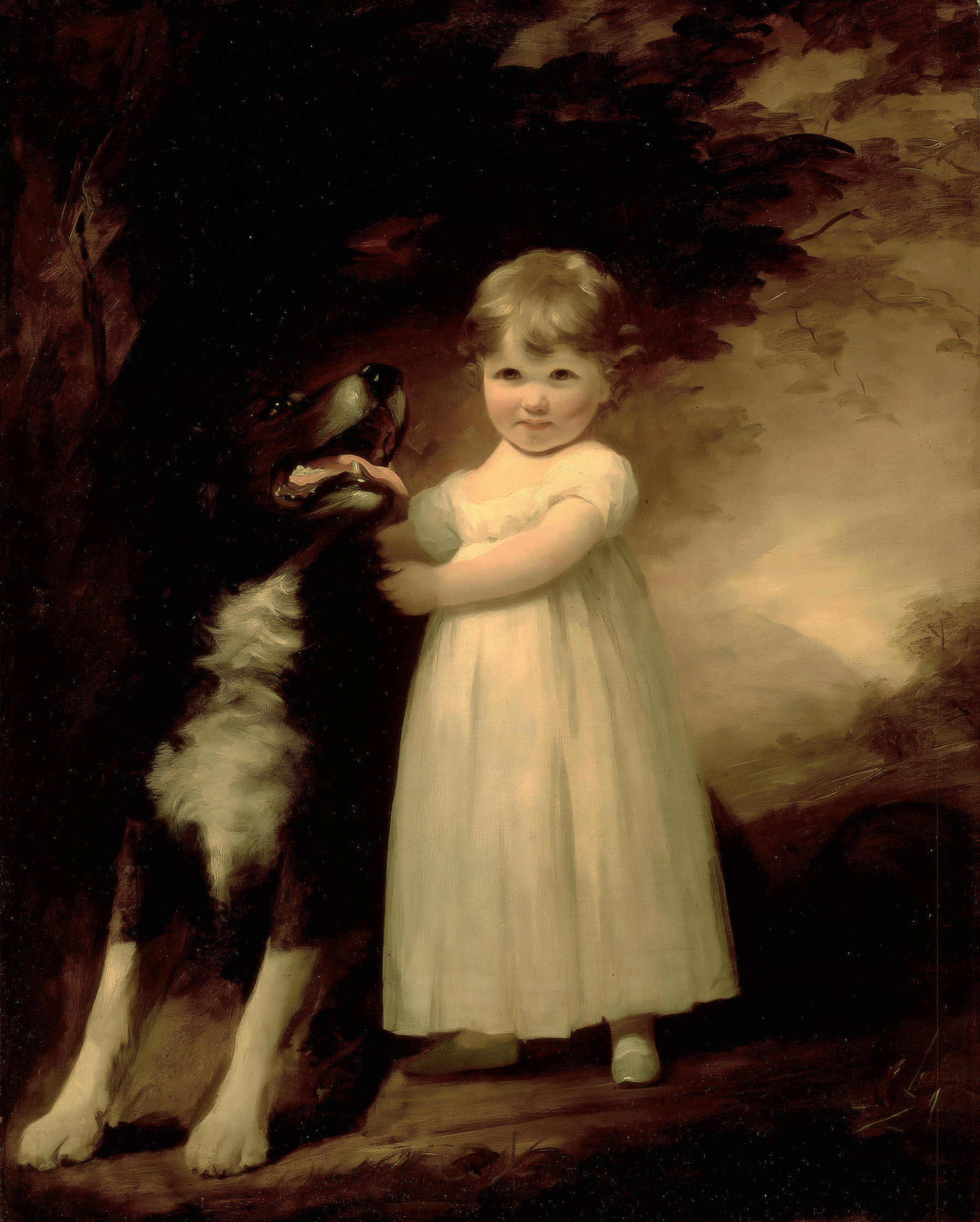 A small girl in a white dress stands in a dark landscape with her arm around a large black and white dog.