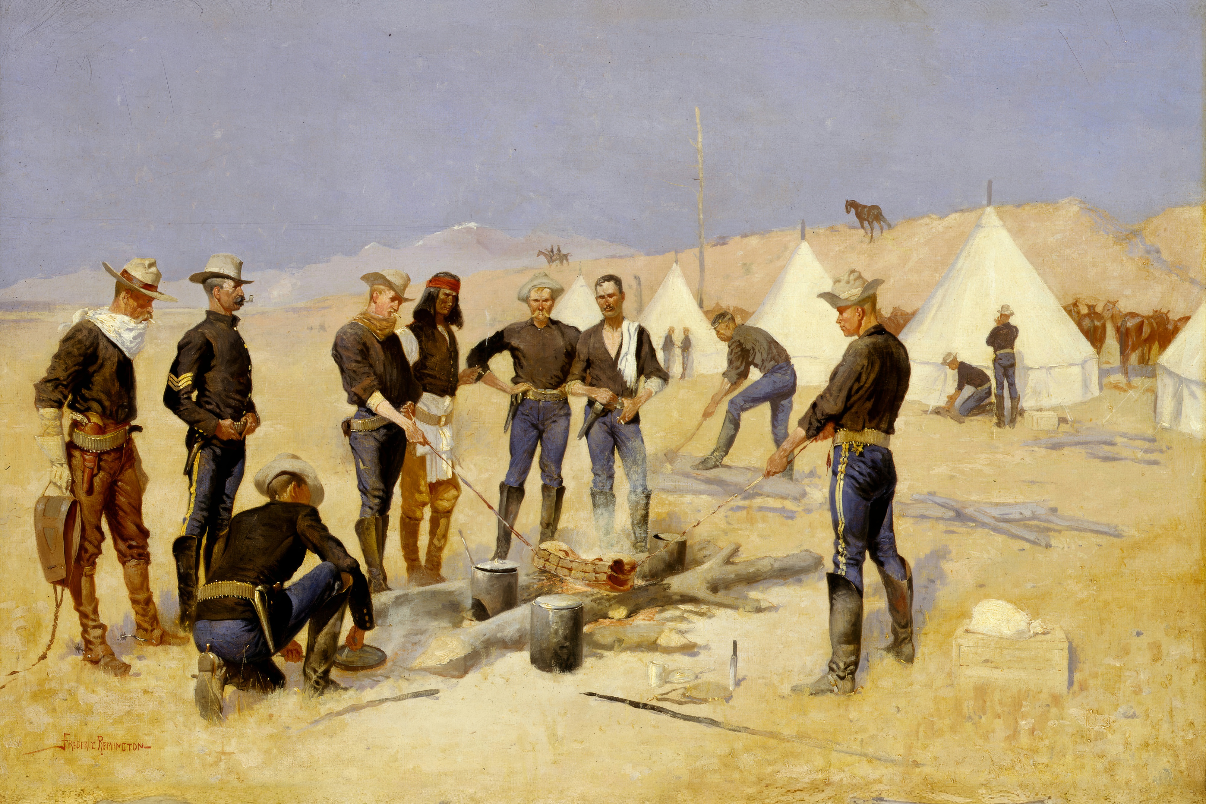 Cavalrymen in dark shirts and striped trousers gather round a smoking campfire among white tents on a dry plain.