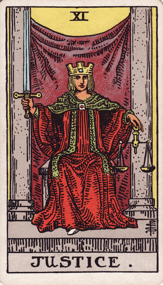 Justice (XI) · Rider–Waite–Smith tarot (public domain)