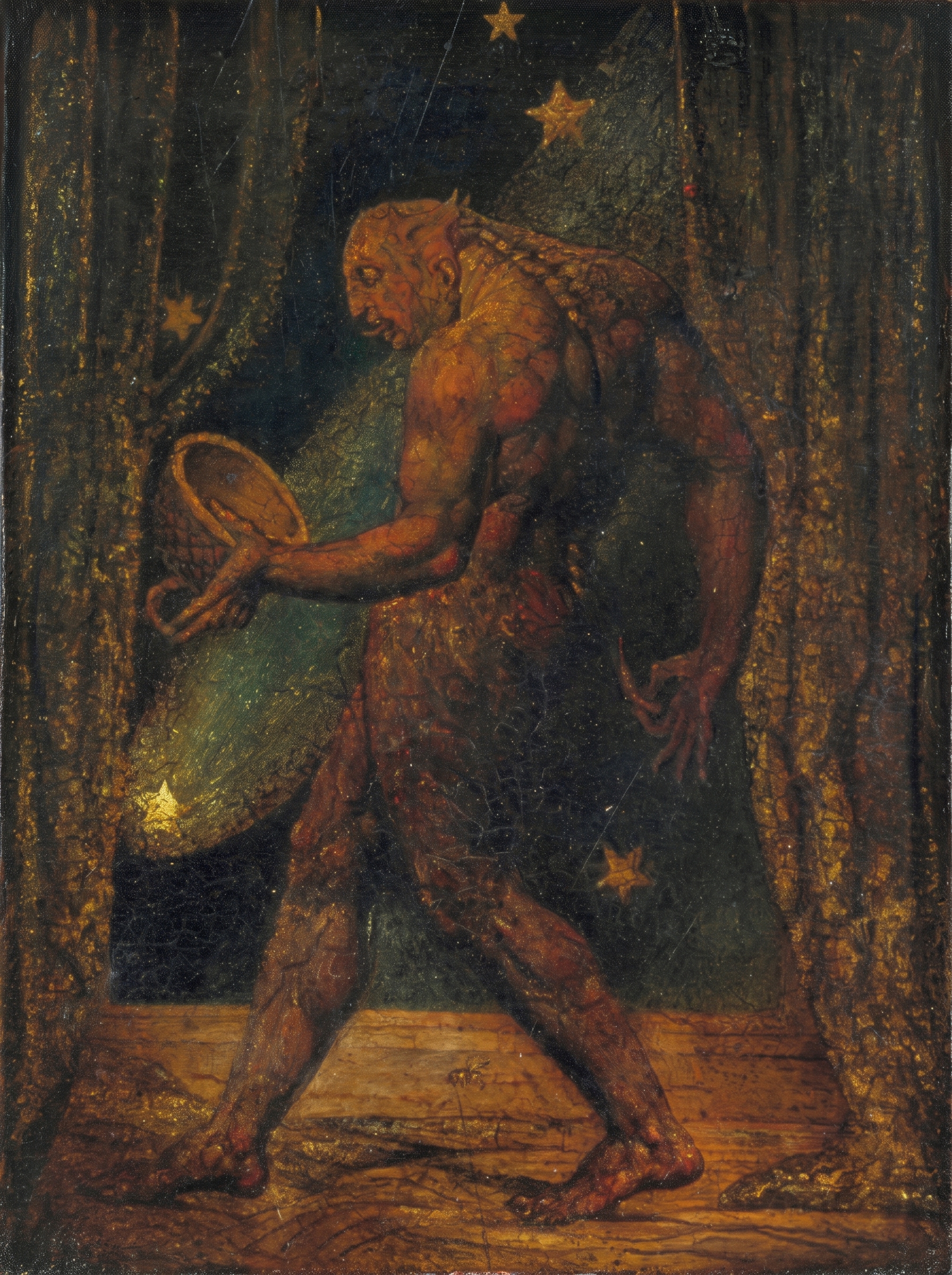 William Blake’s The Ghost of a Flea, a muscular creature with a vessel between dark curtains beneath stars, complete artwork.