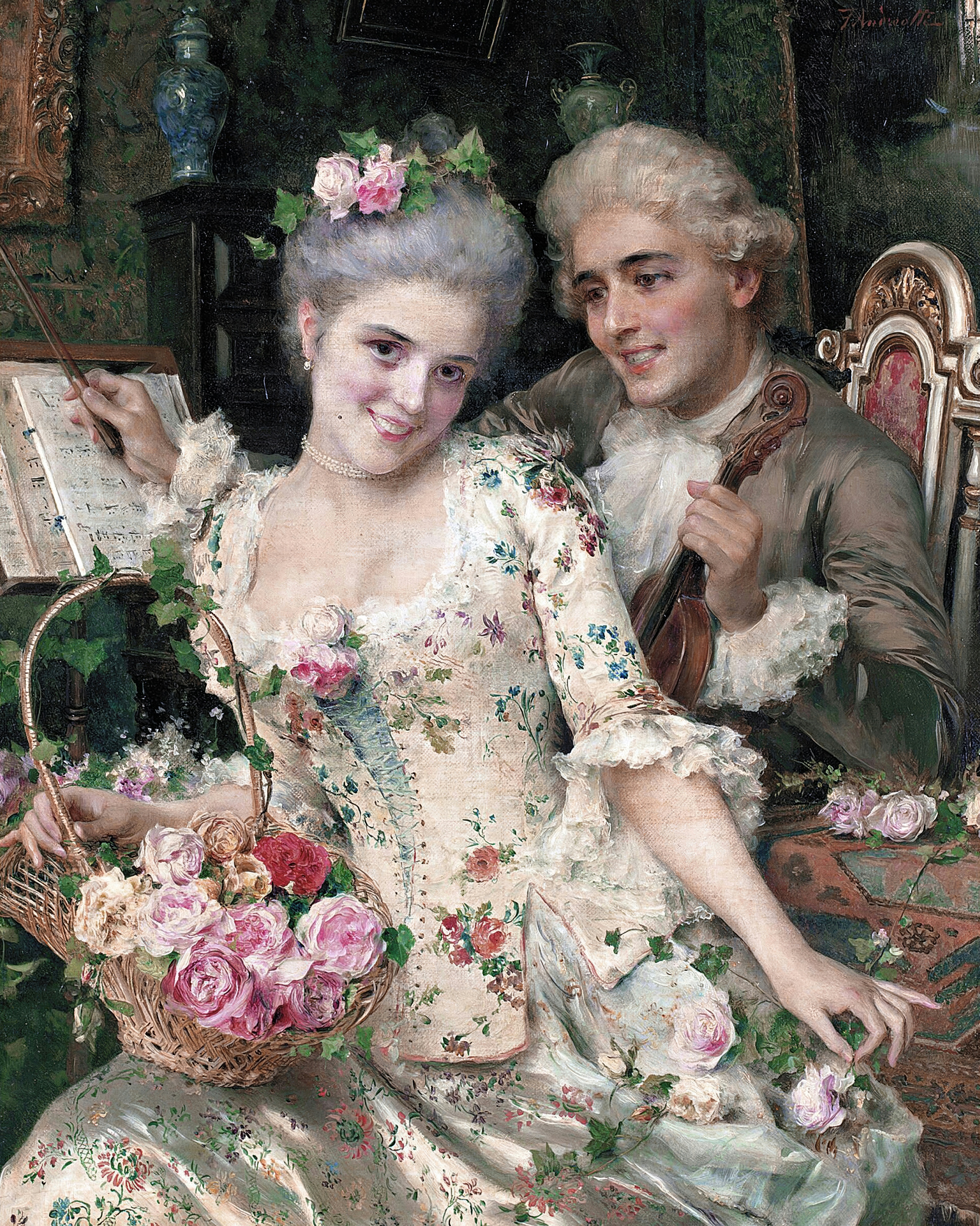 A smiling young woman with powdered hair and roses in a flowered silk gown holding a basket of roses, a young man in a powdered wig with a mandolin leaning over her shoulder; painted by Federico Andreotti.