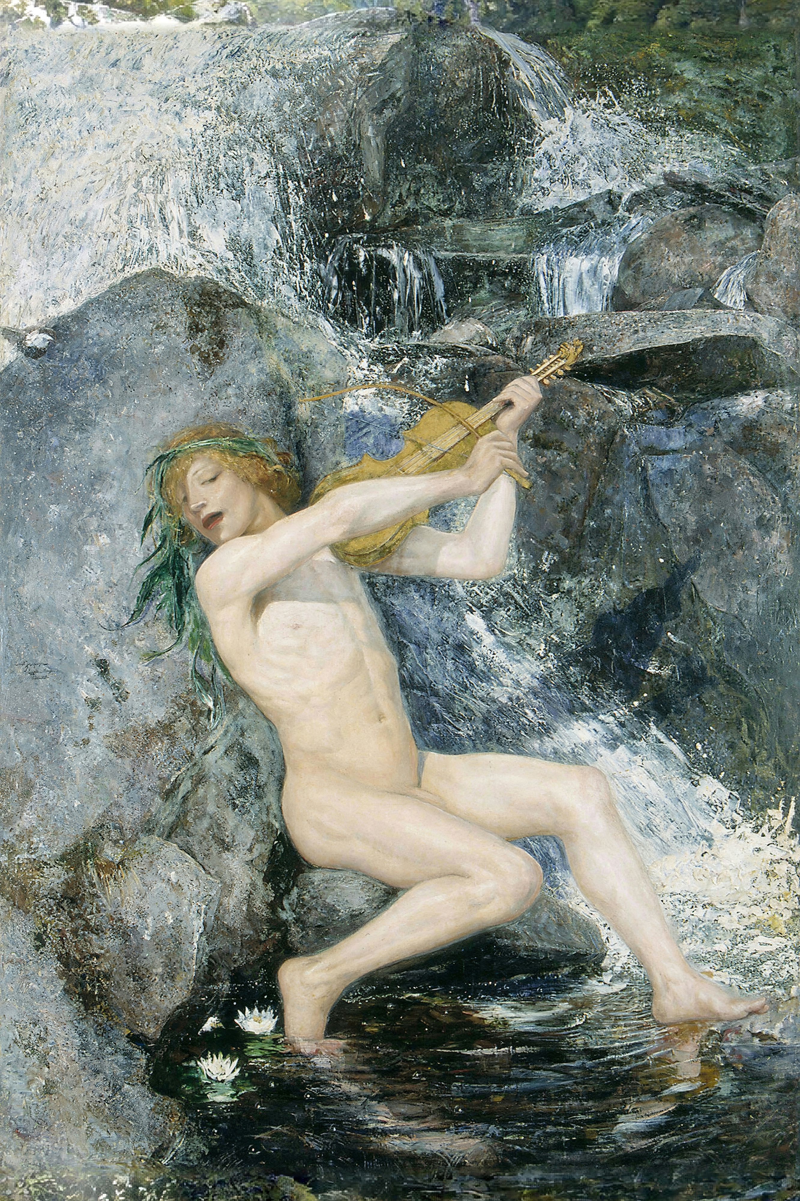 A naked young man plays a violin beside a rushing waterfall.