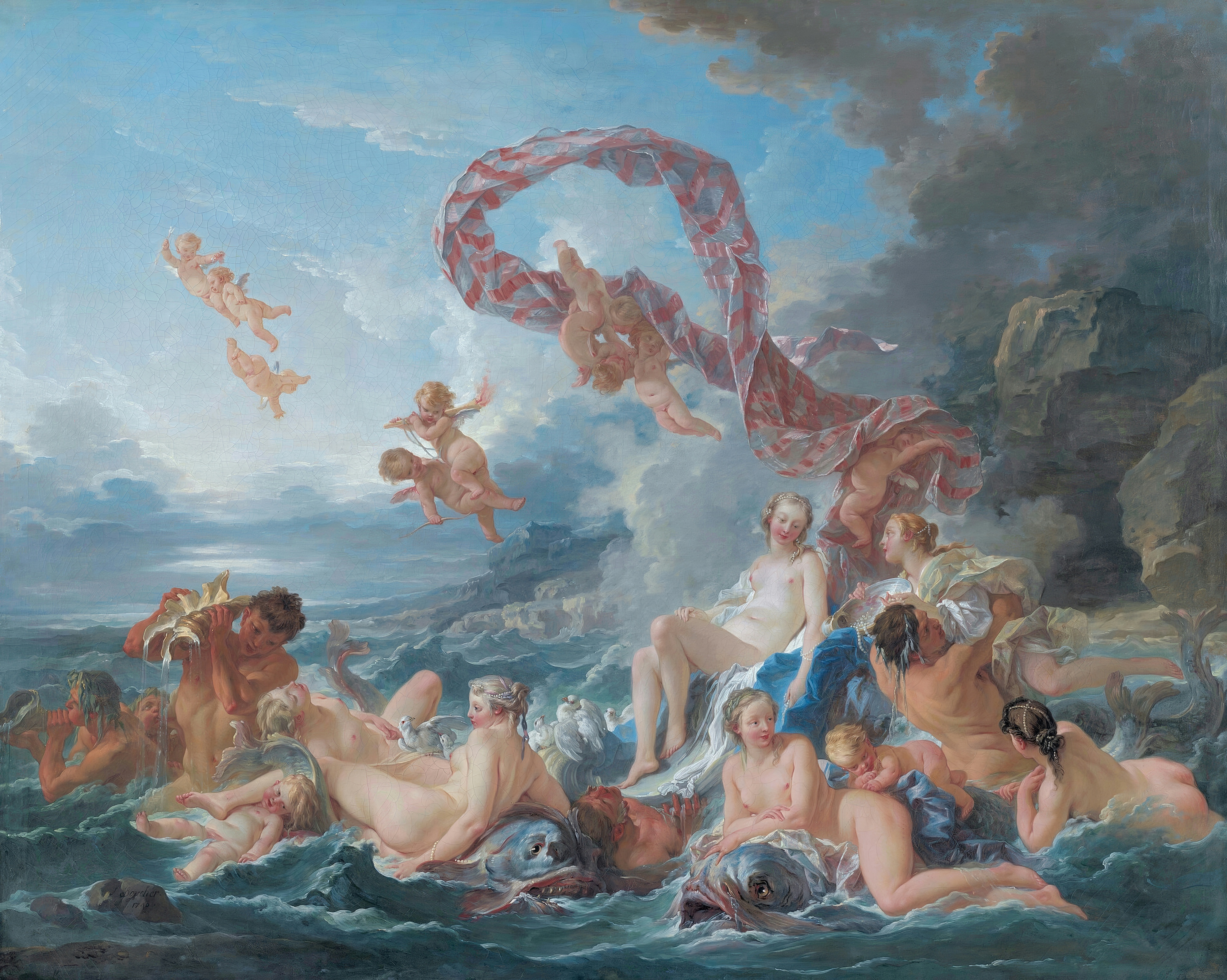 Venus reclines on a shell surrounded by nymphs, tritons and cherubs in a swirling sea.