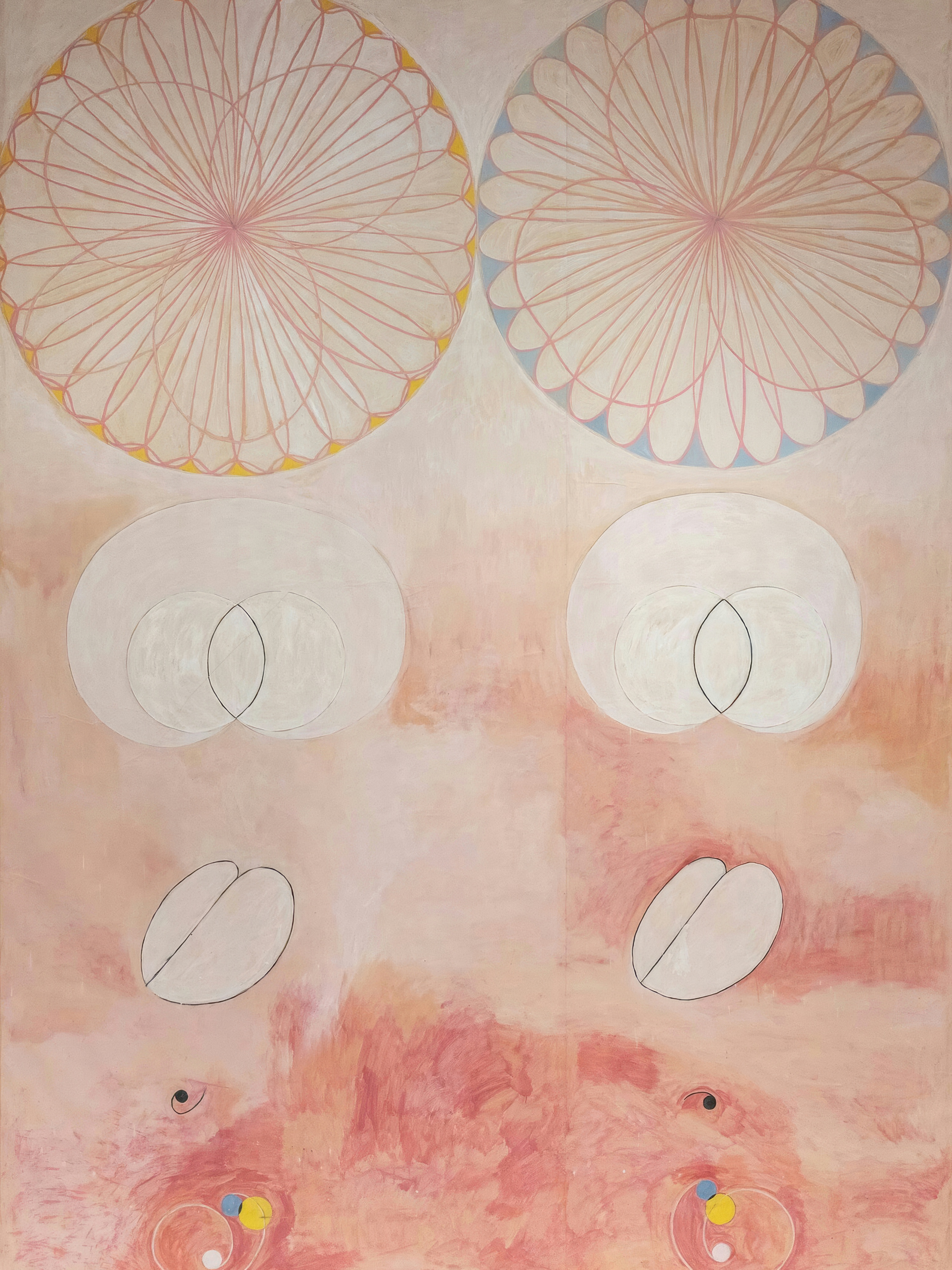 Two large circles of fine pink lines, edged in pale yellow and blue, above white ovals on a soft pink ground.