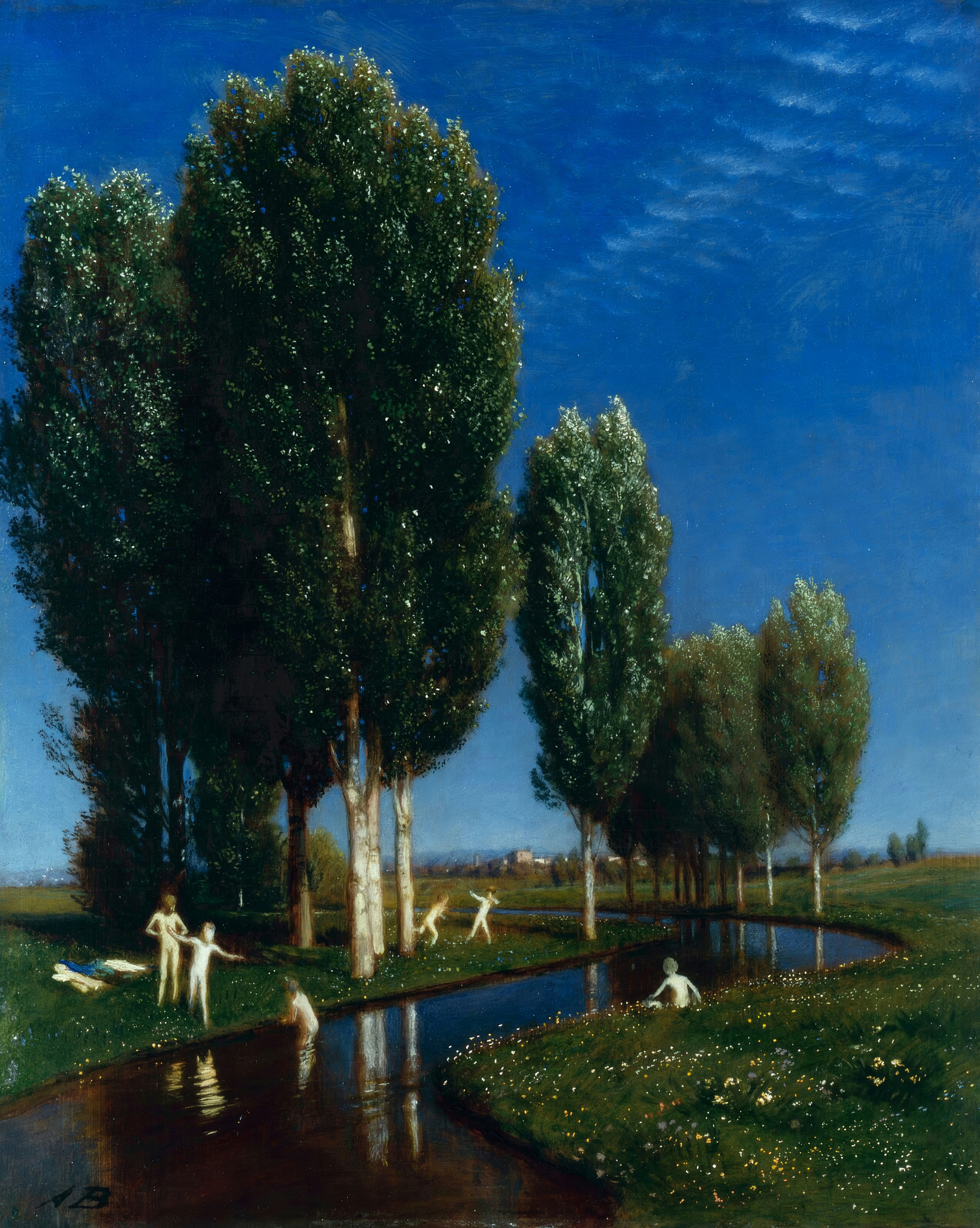 Tall poplars rise against a deep blue sky over a stream with figures on its banks.