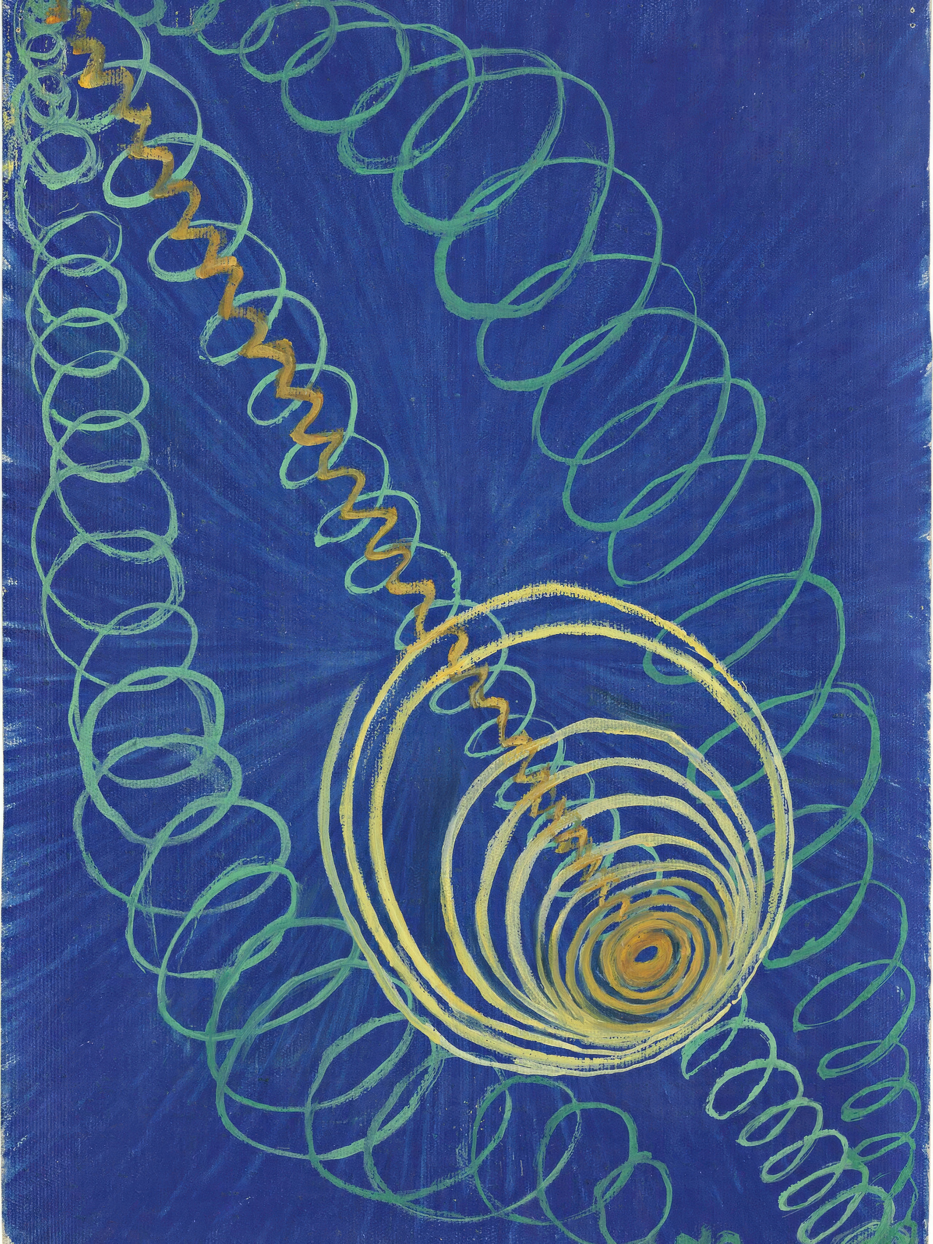 Green and yellow spirals coil across a deep blue ground towards a glowing golden vortex.