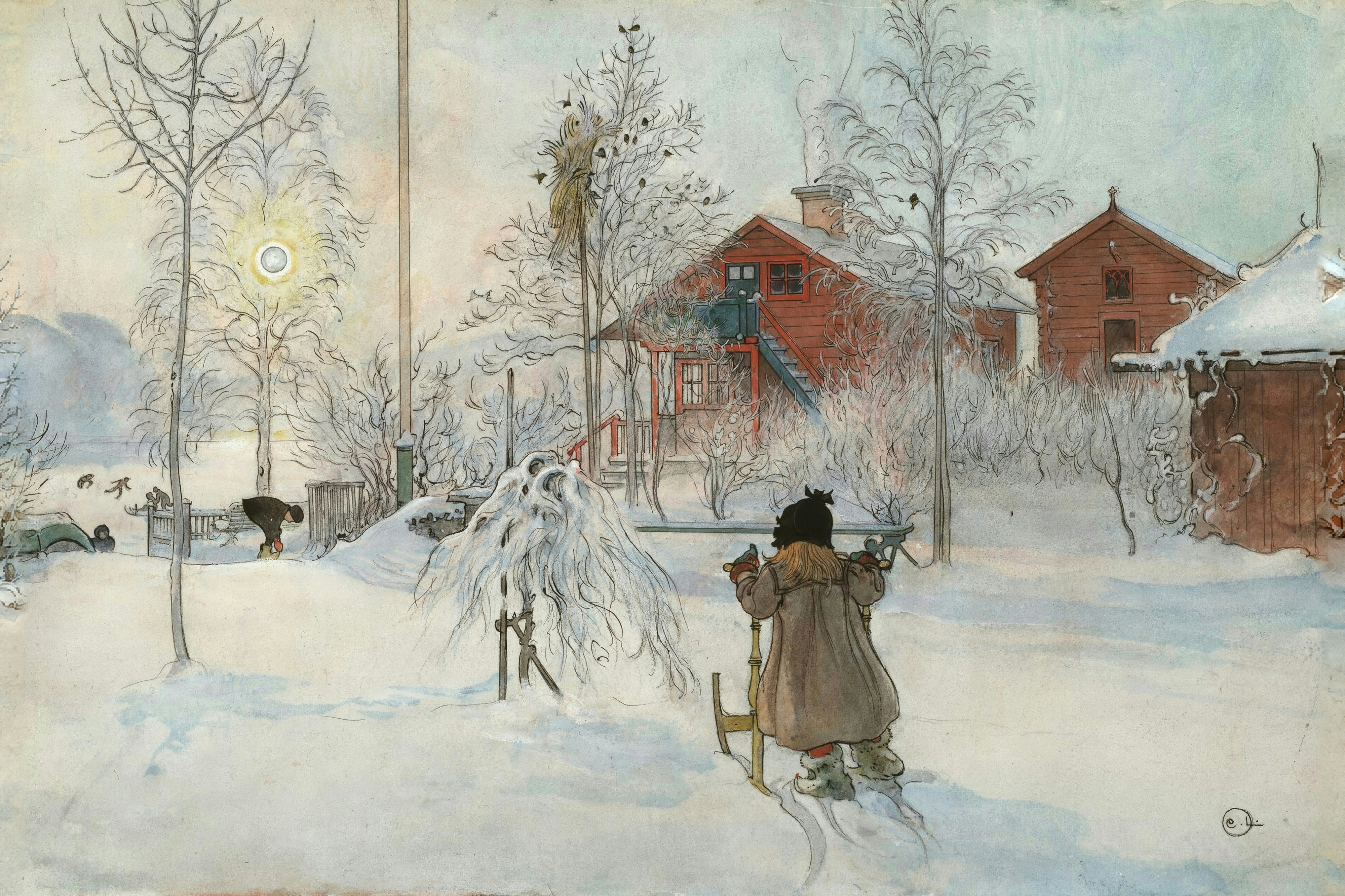 A snowy Swedish yard with red timber buildings and a child pushing a kicksled under a low sun.