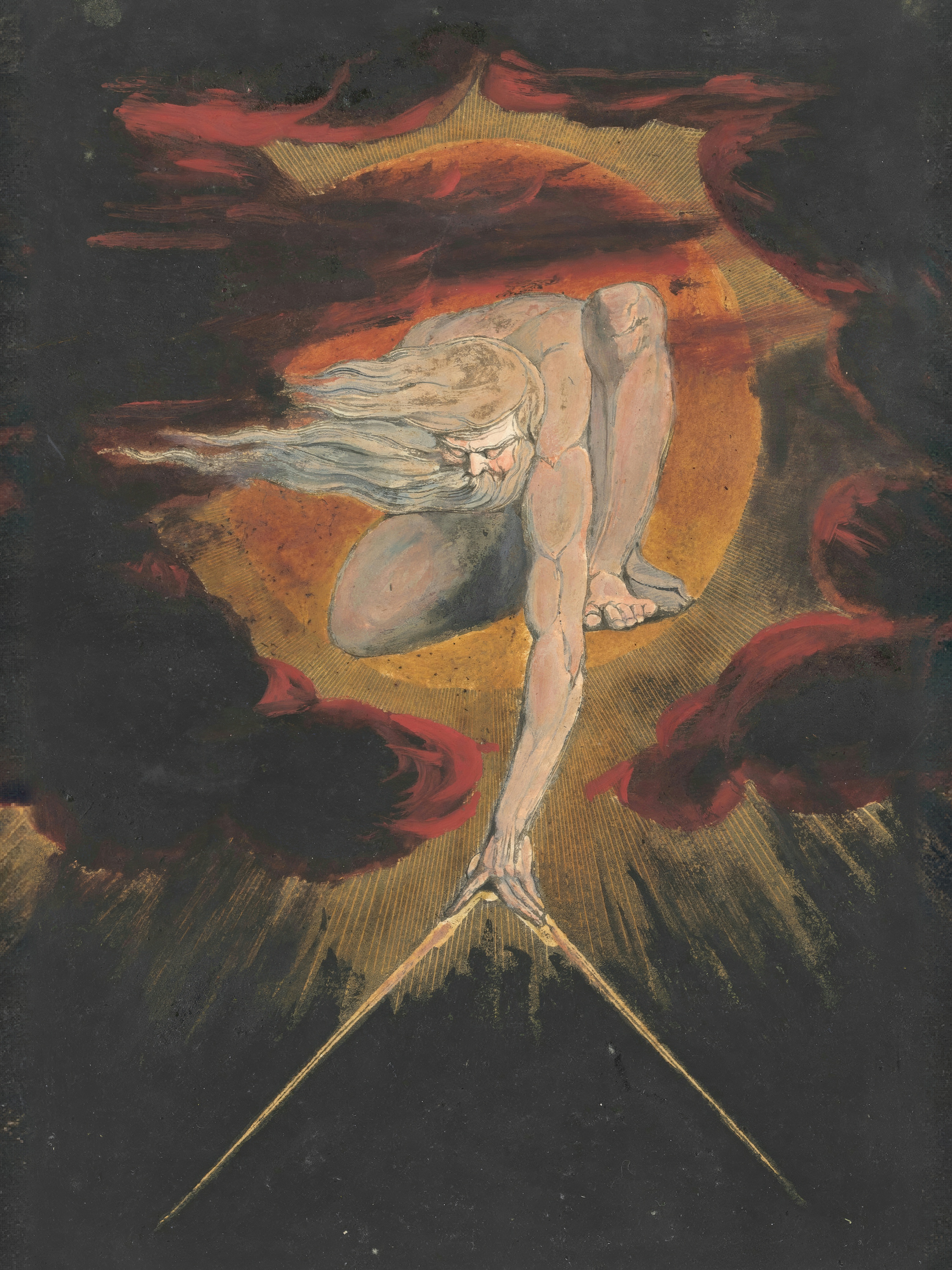 A bearded figure kneels in a fiery sun and reaches down through dark clouds with a golden compass.