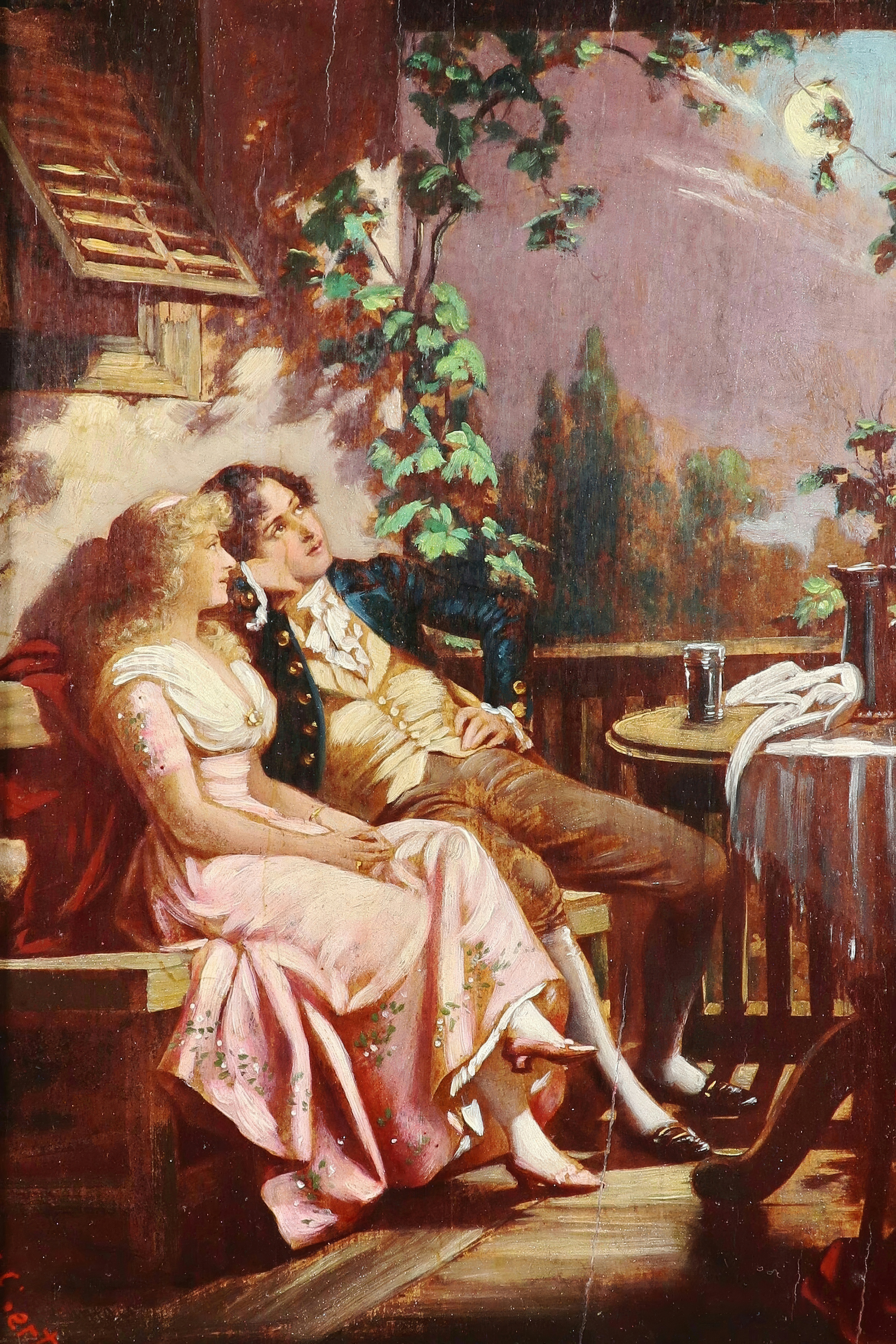 A young woman in a pink dress leaning back against a young man on a wooden balcony as a pale moon rises above the vines; painted by Anton Ebert.