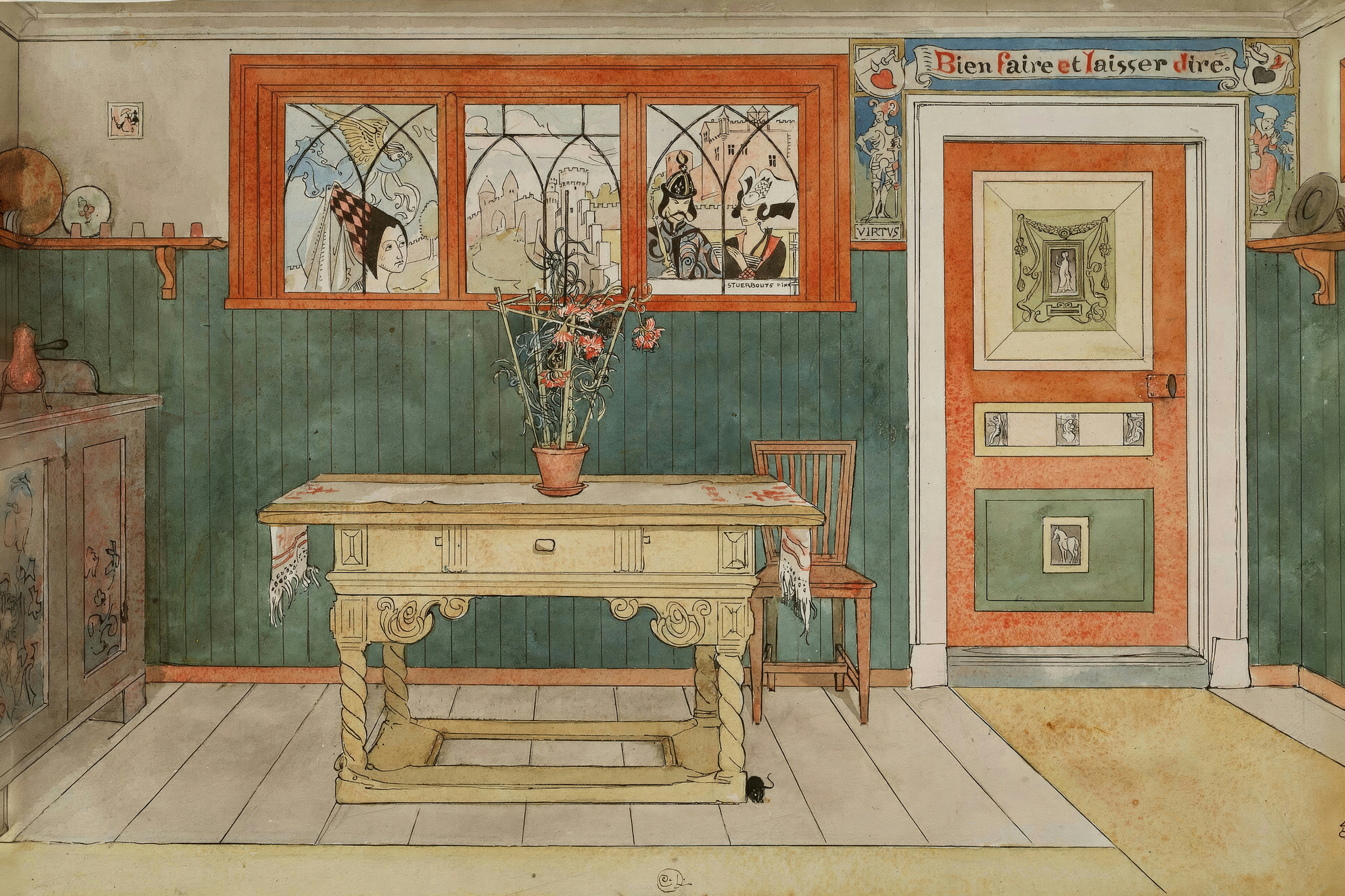 A Swedish dining room with blue green panelling, red doors and a laid table.