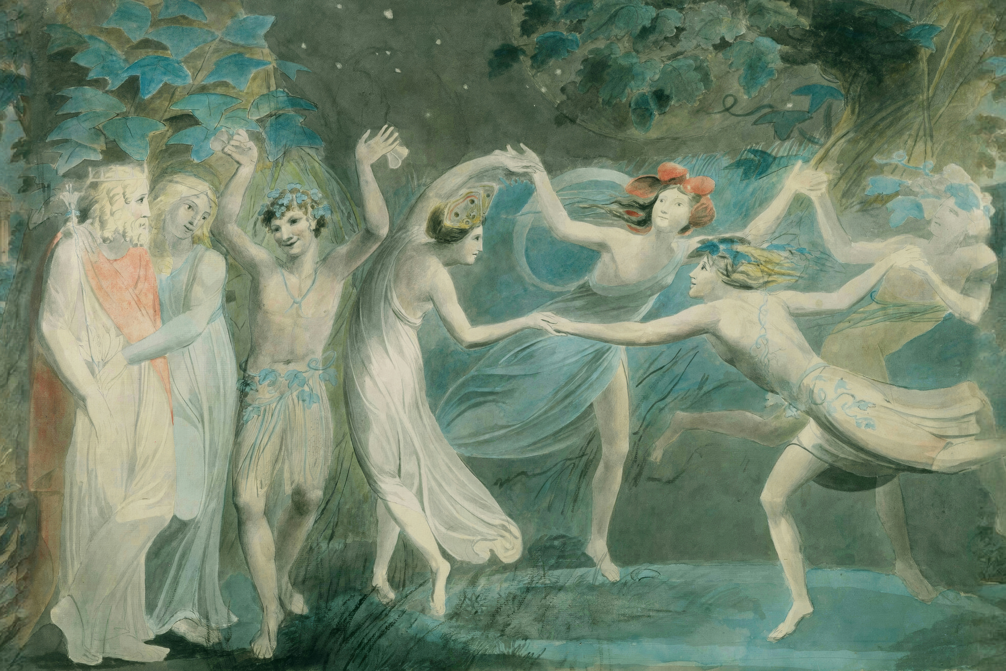 Fairies dance in a ring beneath the stars while Oberon, Titania and Puck look on.