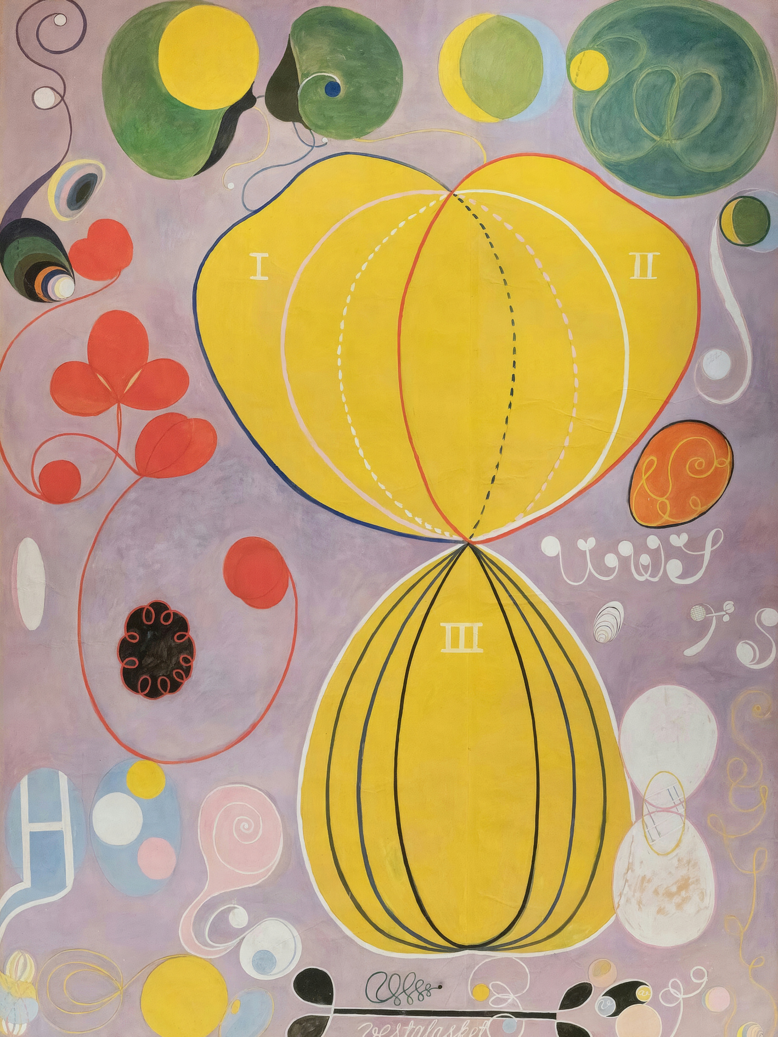 Two great yellow forms rise on a lilac ground with red tendrils and green shapes.