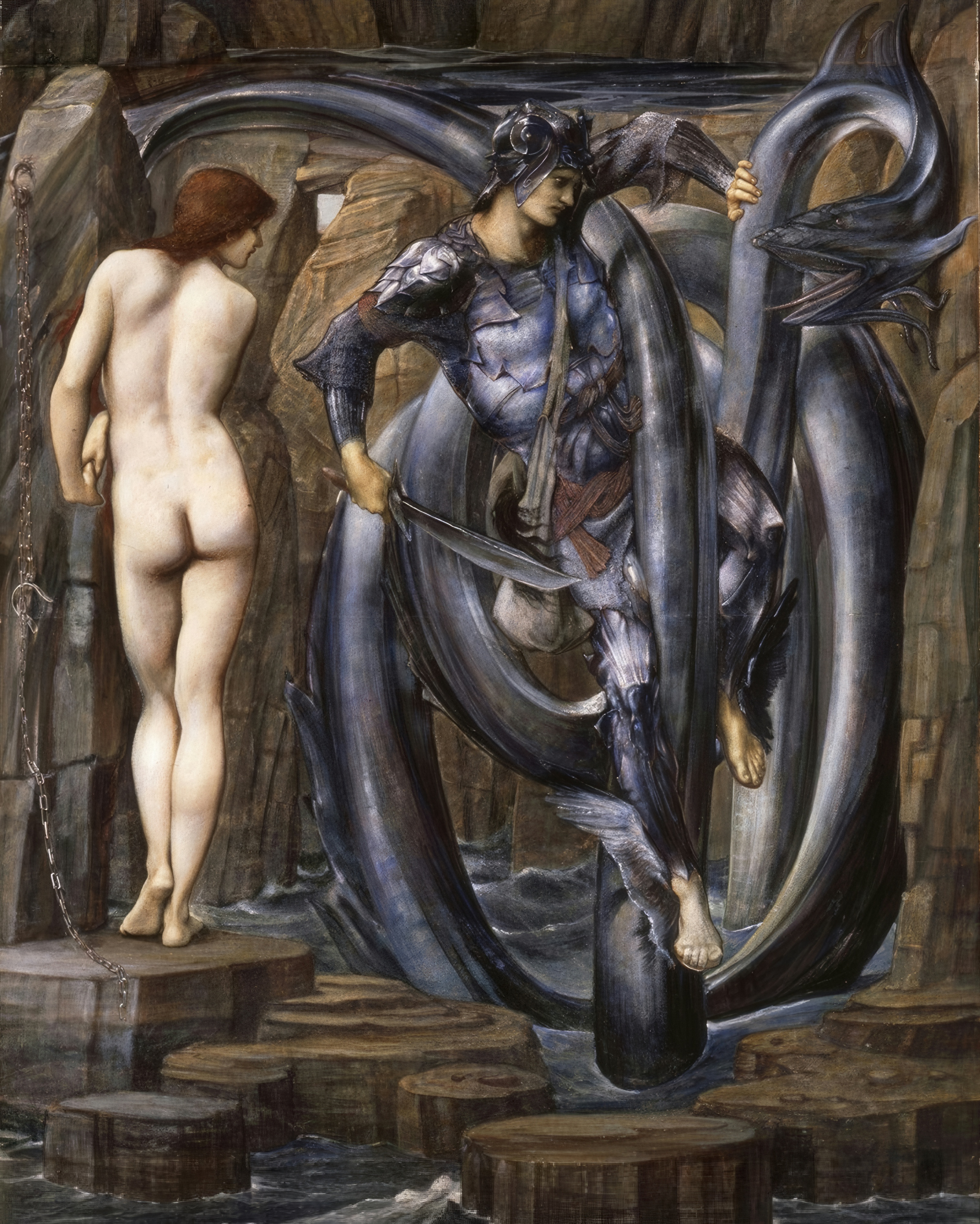 An armoured knight battles a coiling sea serpent among rocks while Andromeda stands chained nearby.