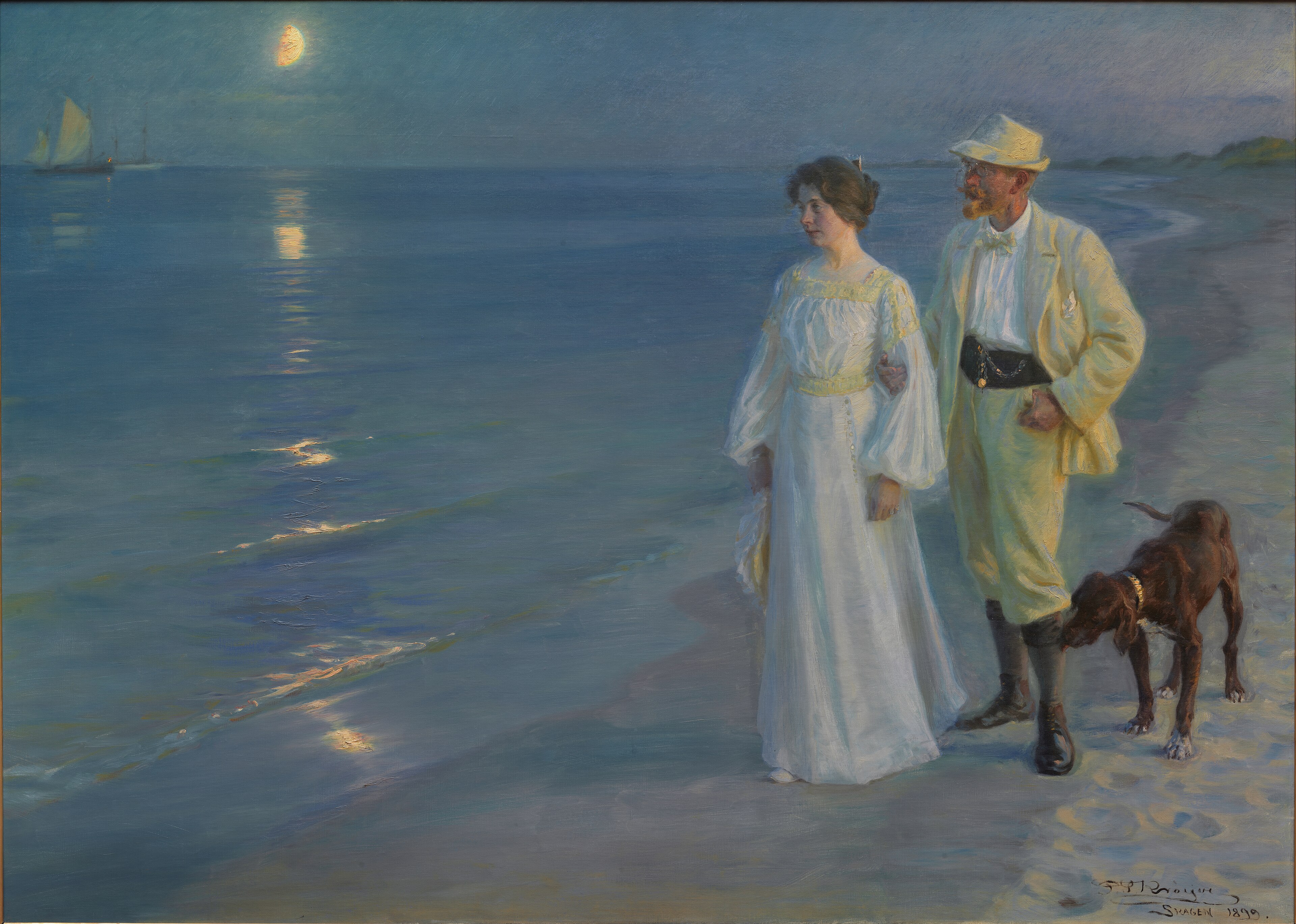 A woman in a white dress and a man in a pale suit and straw hat walking arm in arm along a beach at dusk, the moon reflected in the calm blue sea, a dog beside them; painted by Peder Severin Krøyer.