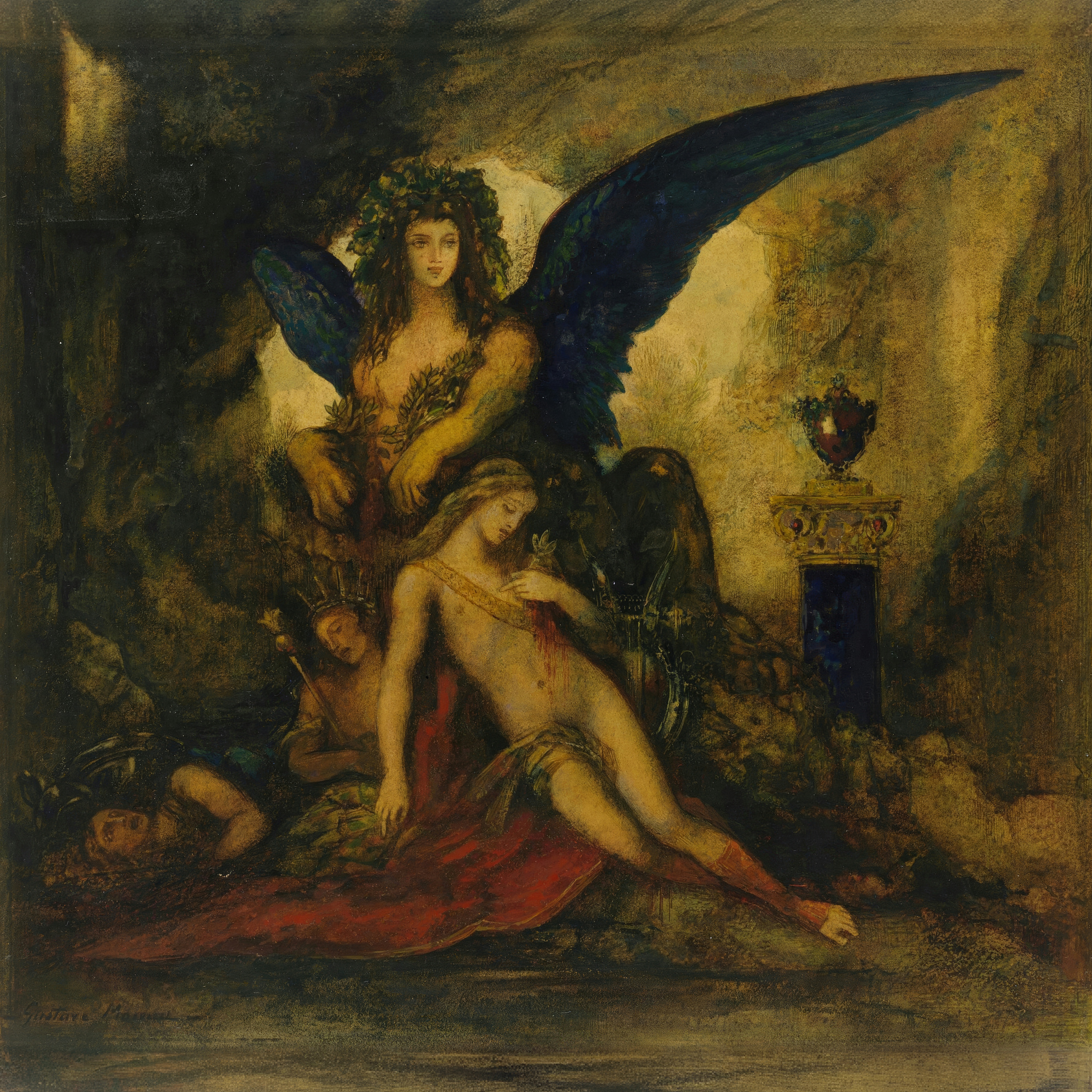 A winged sphinx sits in a dark grotto above the bodies of a poet, a king and a warrior.