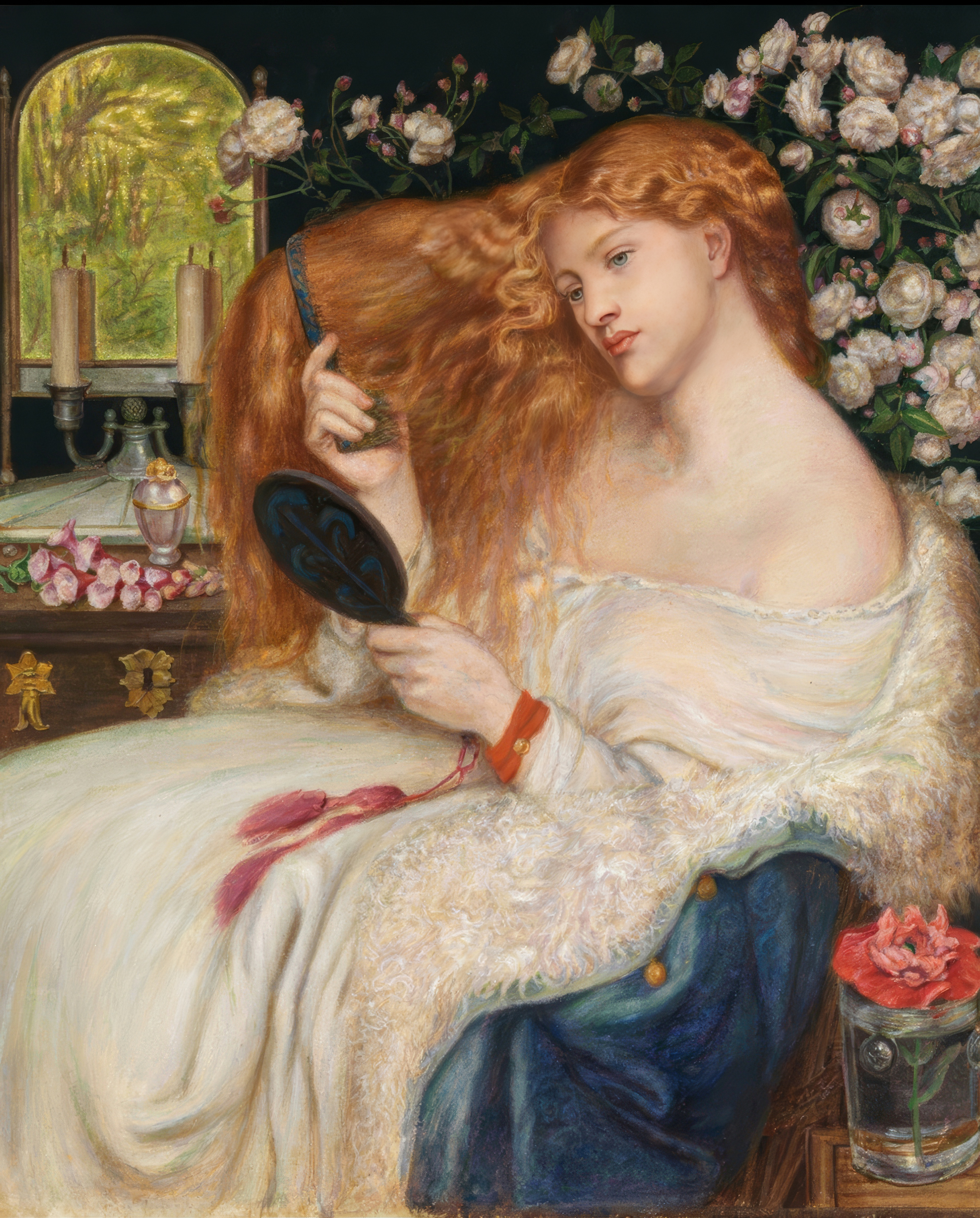 A woman in a white gown combs her long red-gold hair before a hand mirror among white roses and foxgloves.