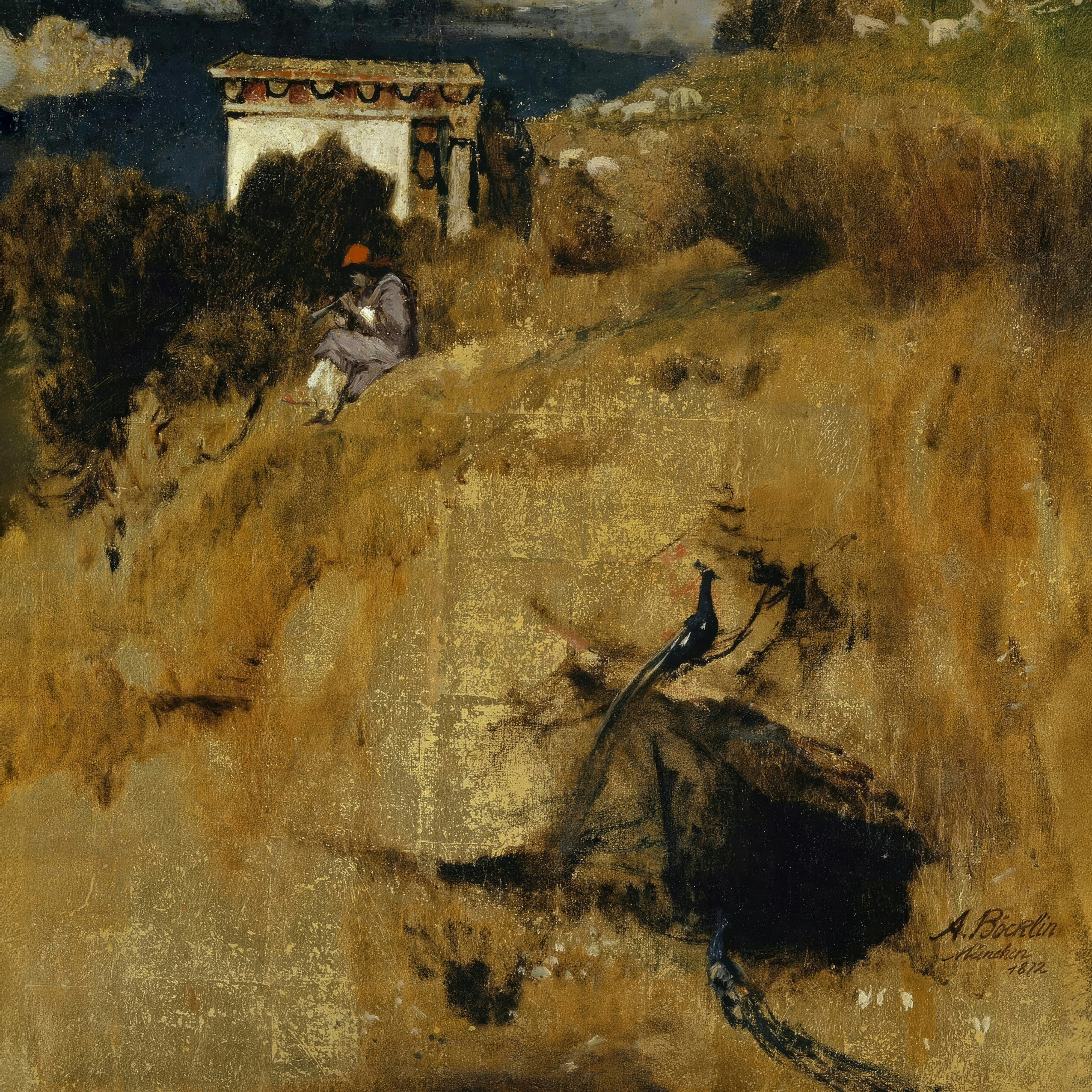 A piper rests on a golden hillside below a white temple, with peacocks in the foreground.