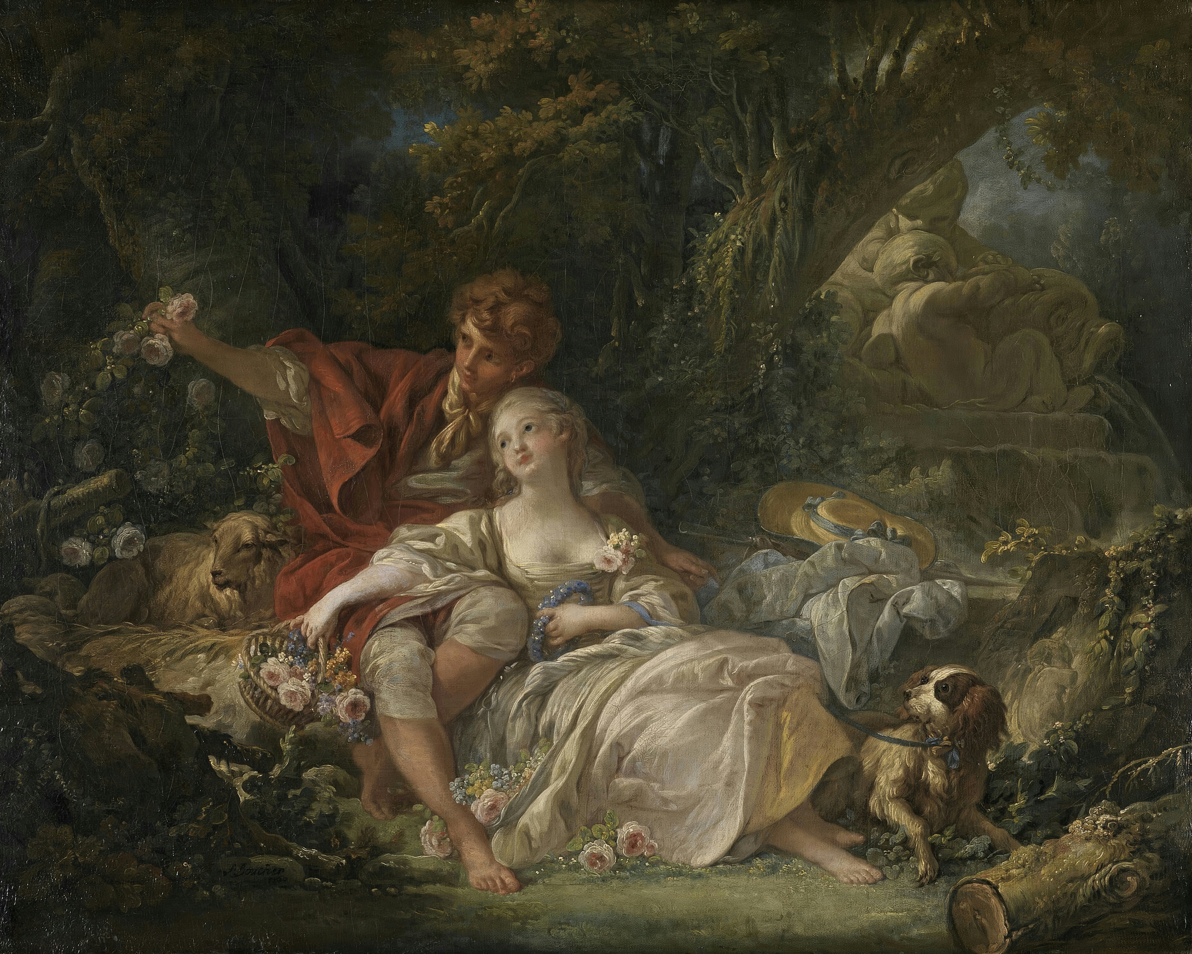 A shepherdess in pale silk reclining in a wooded glade holding roses, a young shepherd leaning over her shoulder, with sheep and a small spaniel nearby; painted by François Boucher.