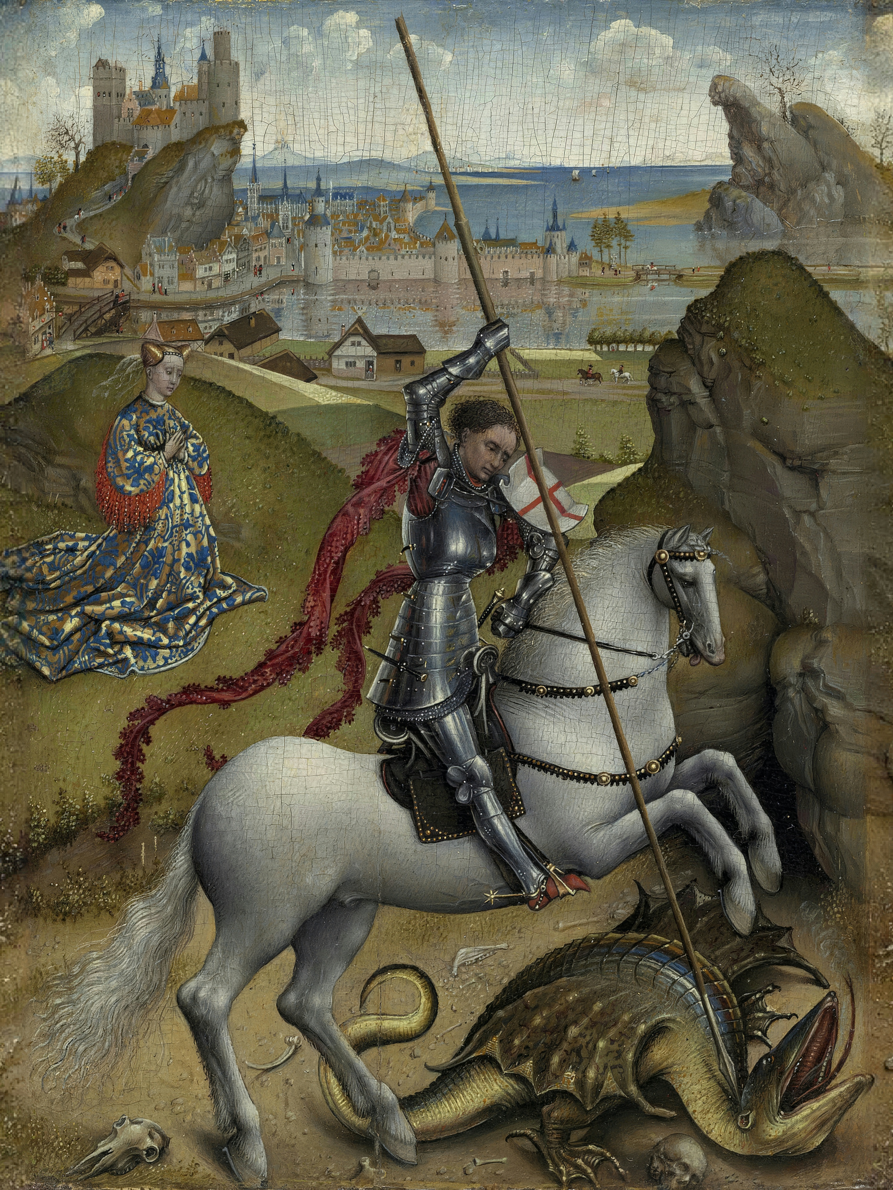 Tiny Flemish panel of a knight on a white horse spearing a dragon, a kneeling princess at left and a walled town behind.