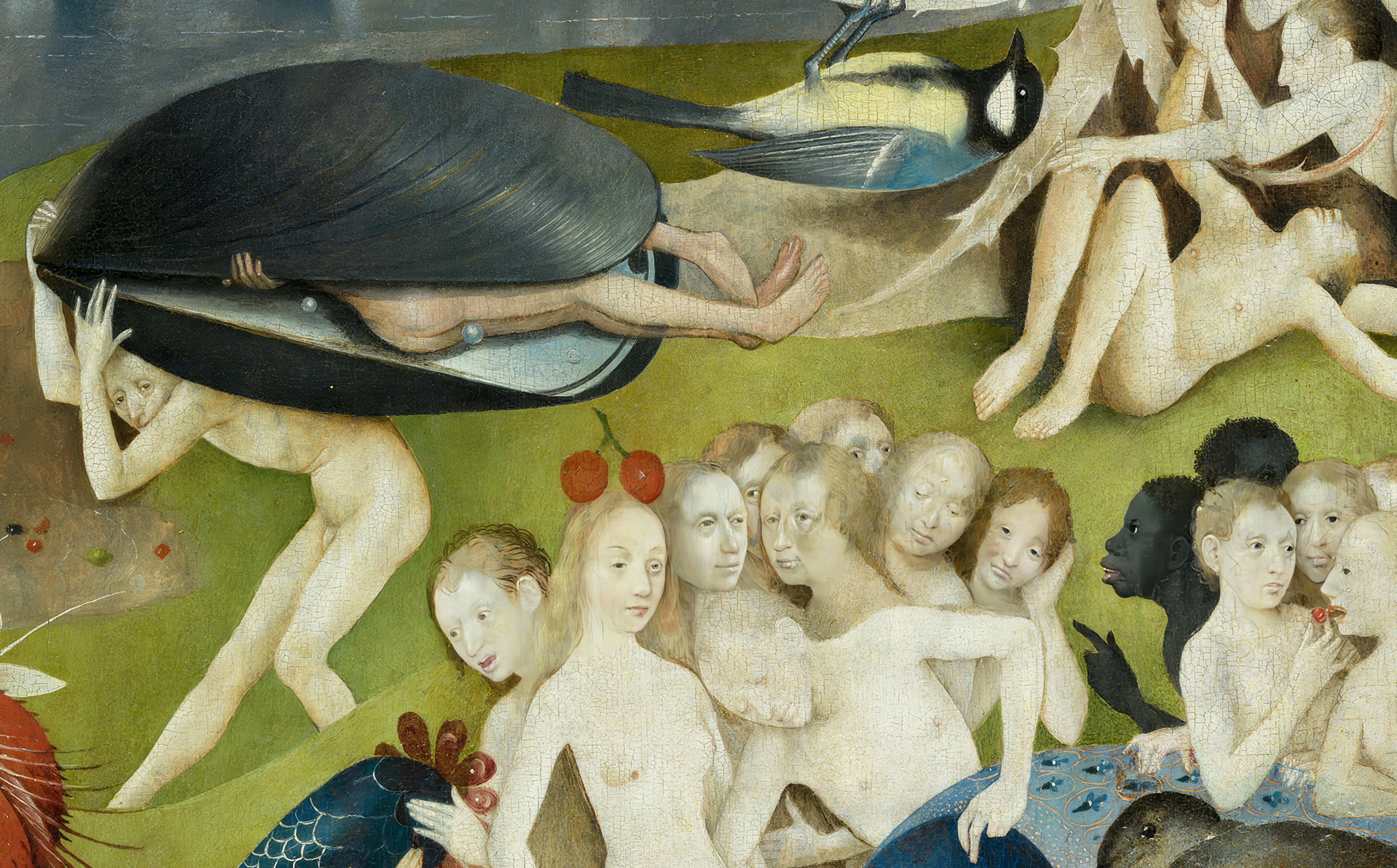 A giant mussel shell carried on a man's back with a pair of lovers inside it, surrounded by figures in the water; detail of Bosch's Garden of Earthly Delights.