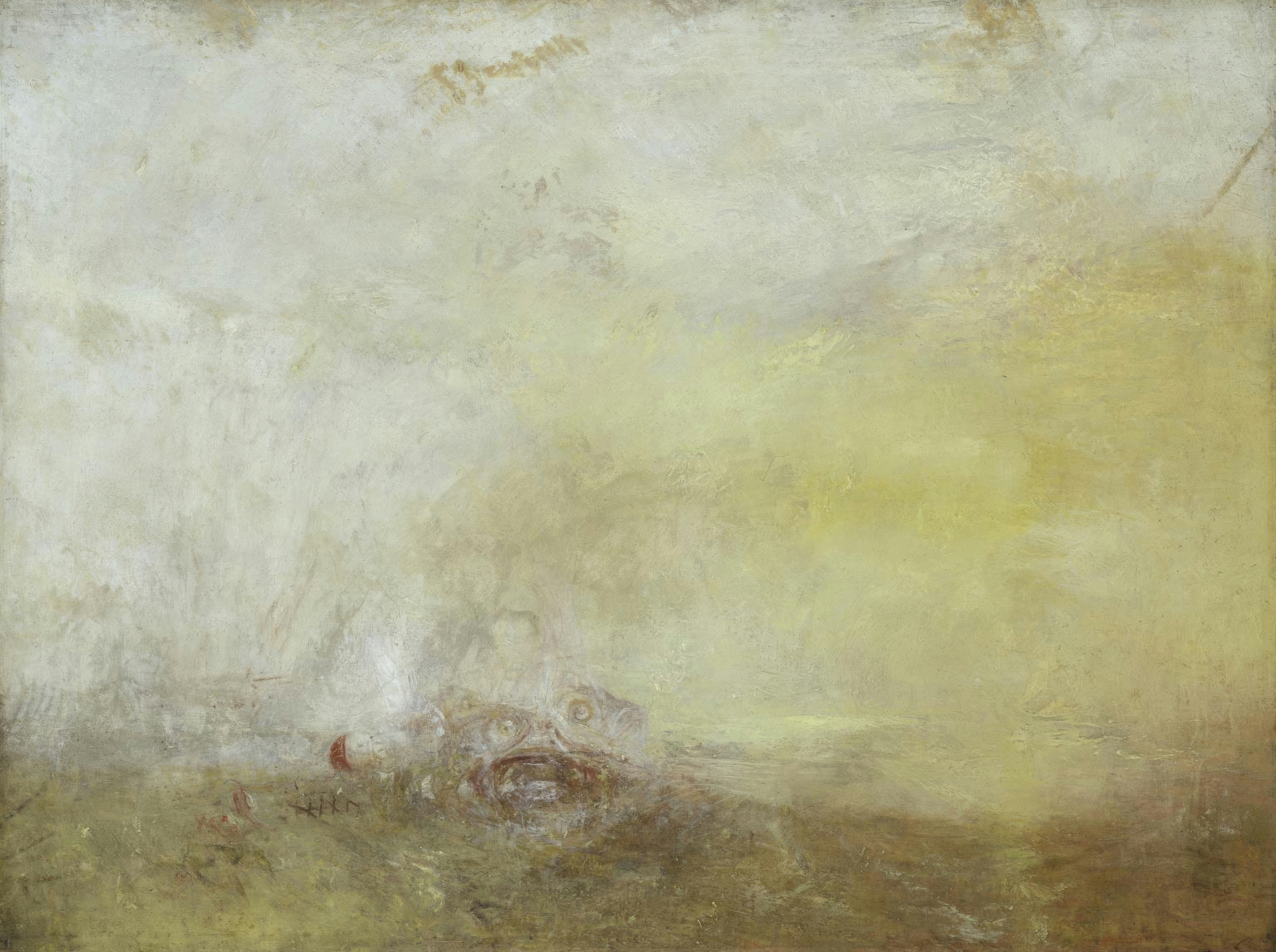 A luminous haze of orange and yellow light over the sea, with shadowy fish-like forms below.