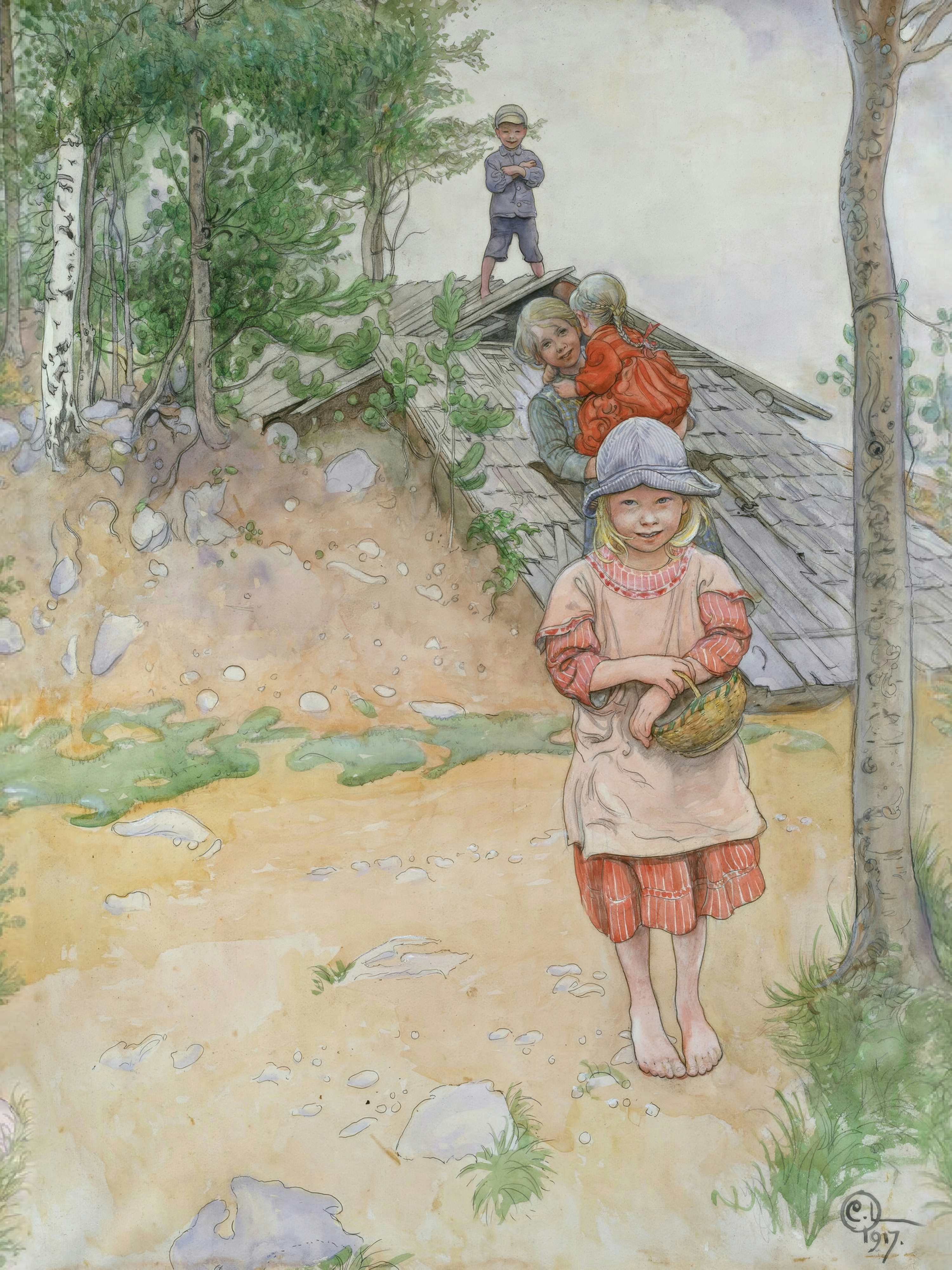 A barefoot girl with a basket stands by a cellar door in a grassy hillside.