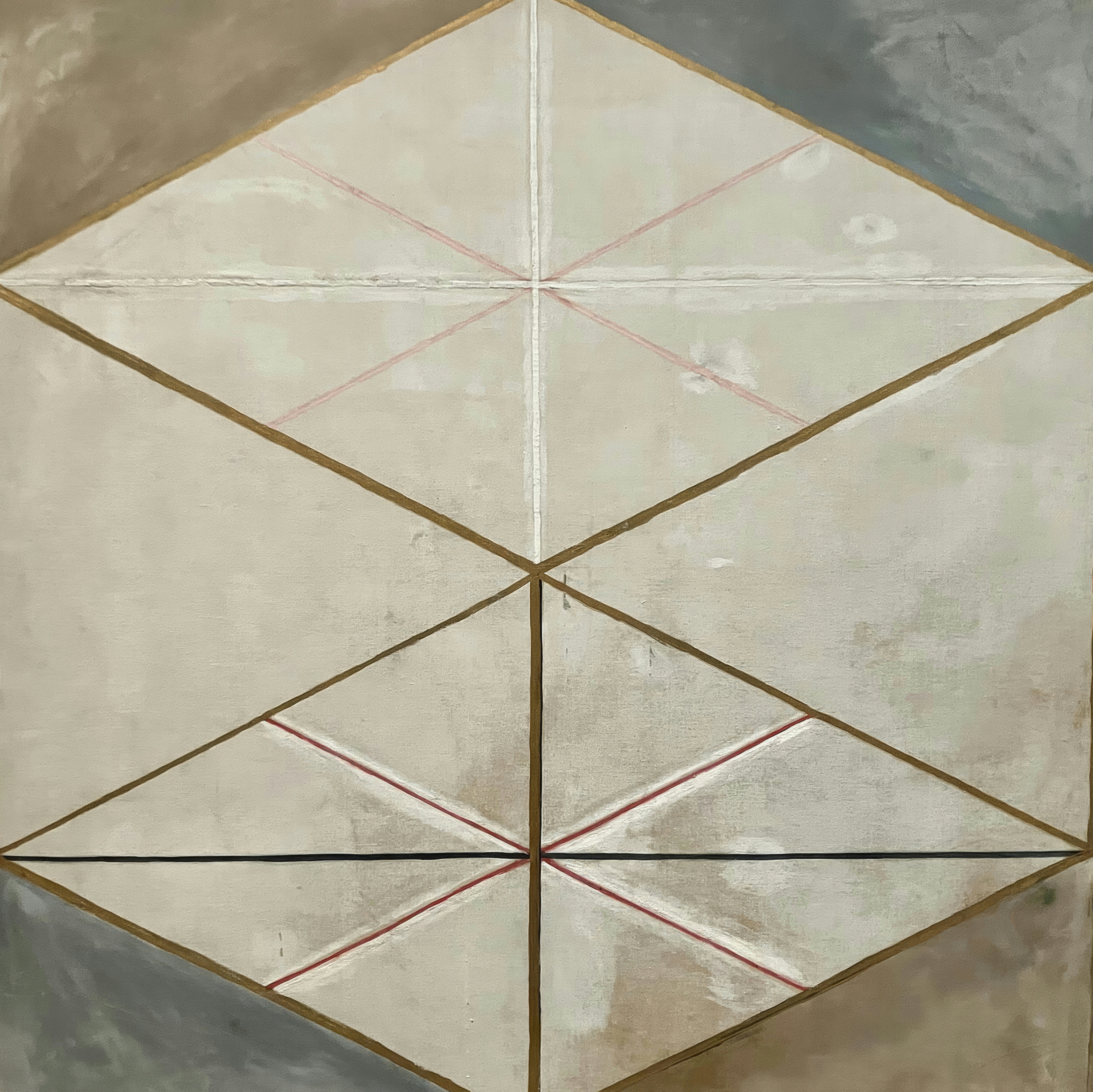 A large hexagon of cream and off white, divided by ochre bands and fine red lines.