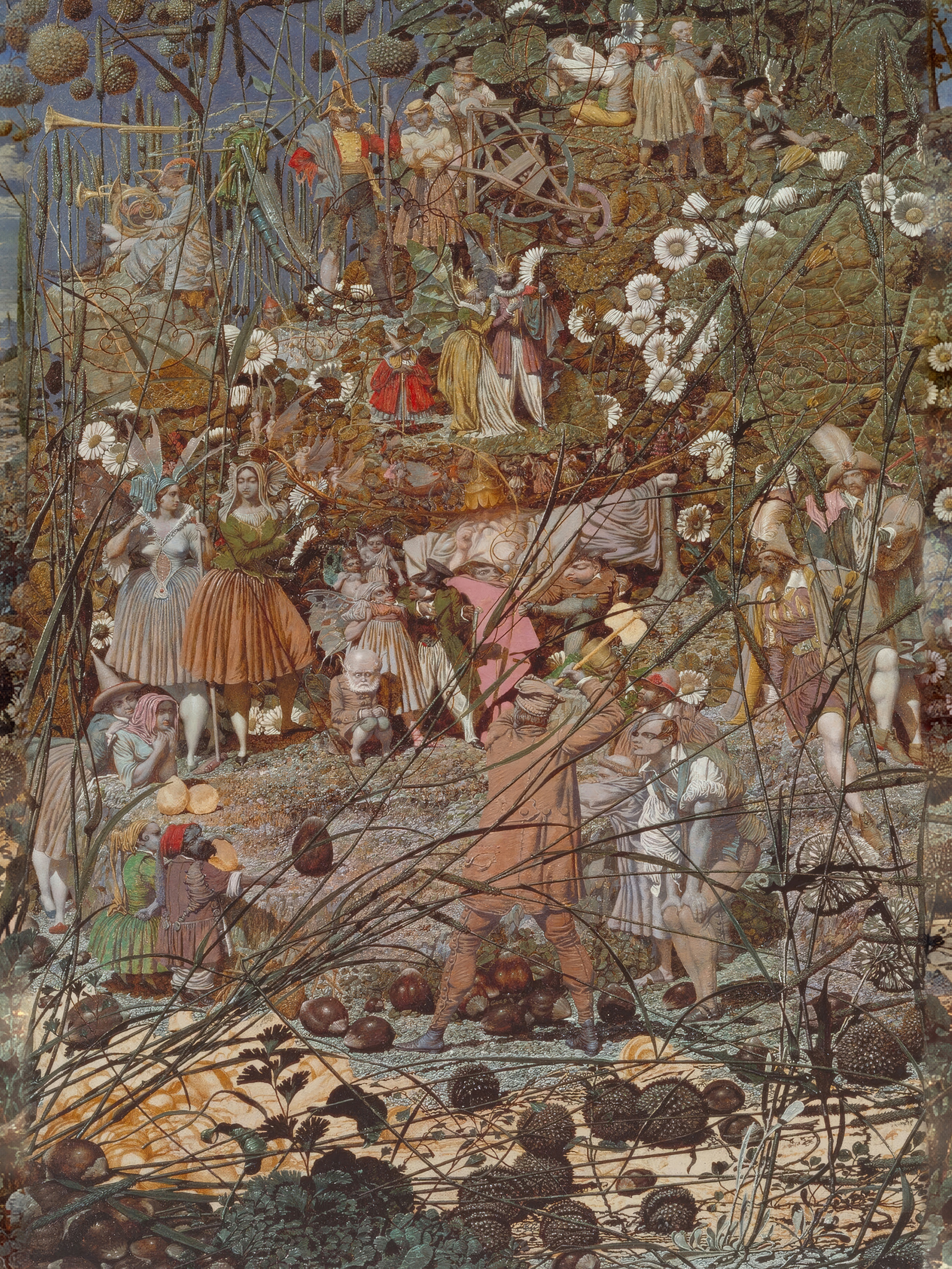 A crowd of tiny fairies and goblins among grasses watches a woodsman raise his axe over a nut.