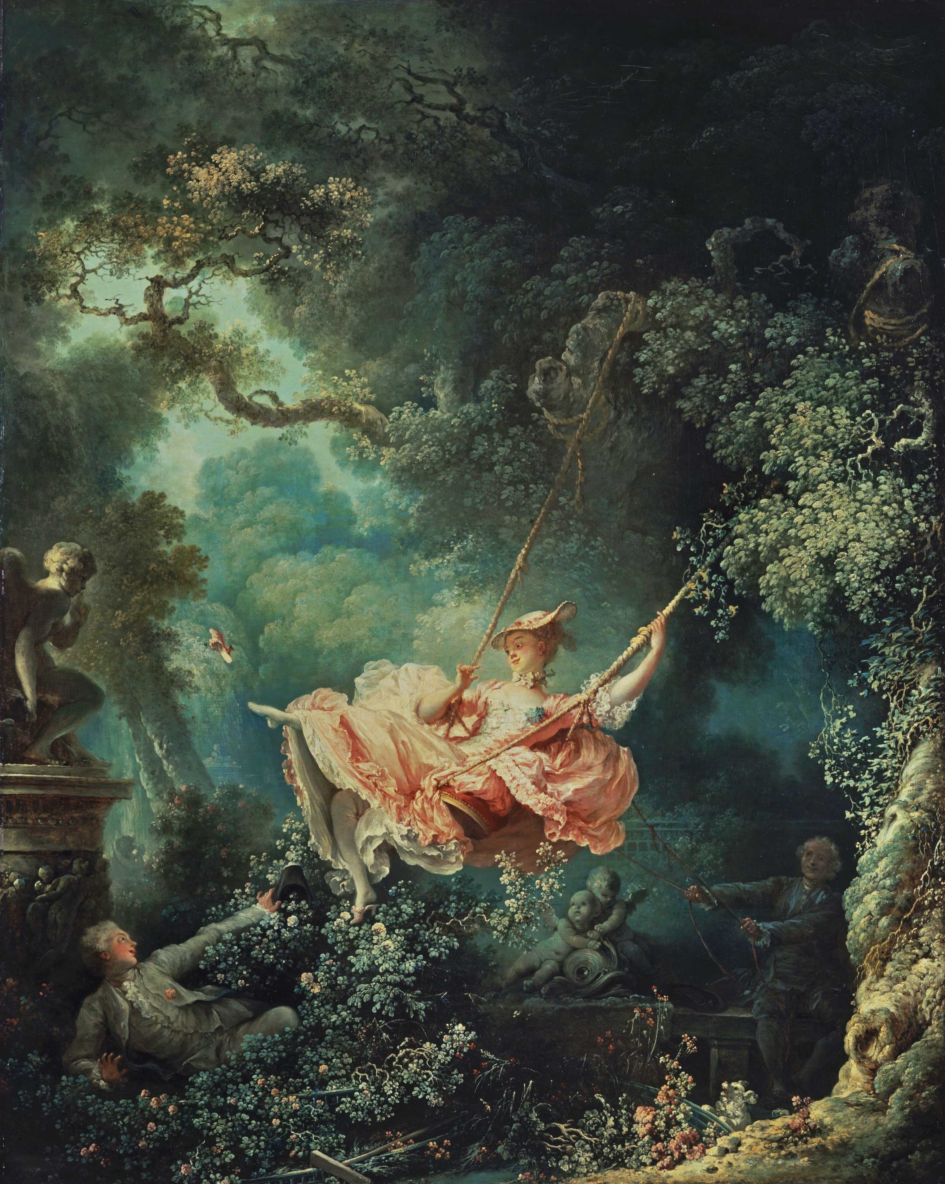 A young woman in a pink dress on a swing in a lush garden, her slipper flying off, while a young man reclines in the bushes below looking up and an older man pulls the ropes; painted by Jean-Honoré Fragonard.
