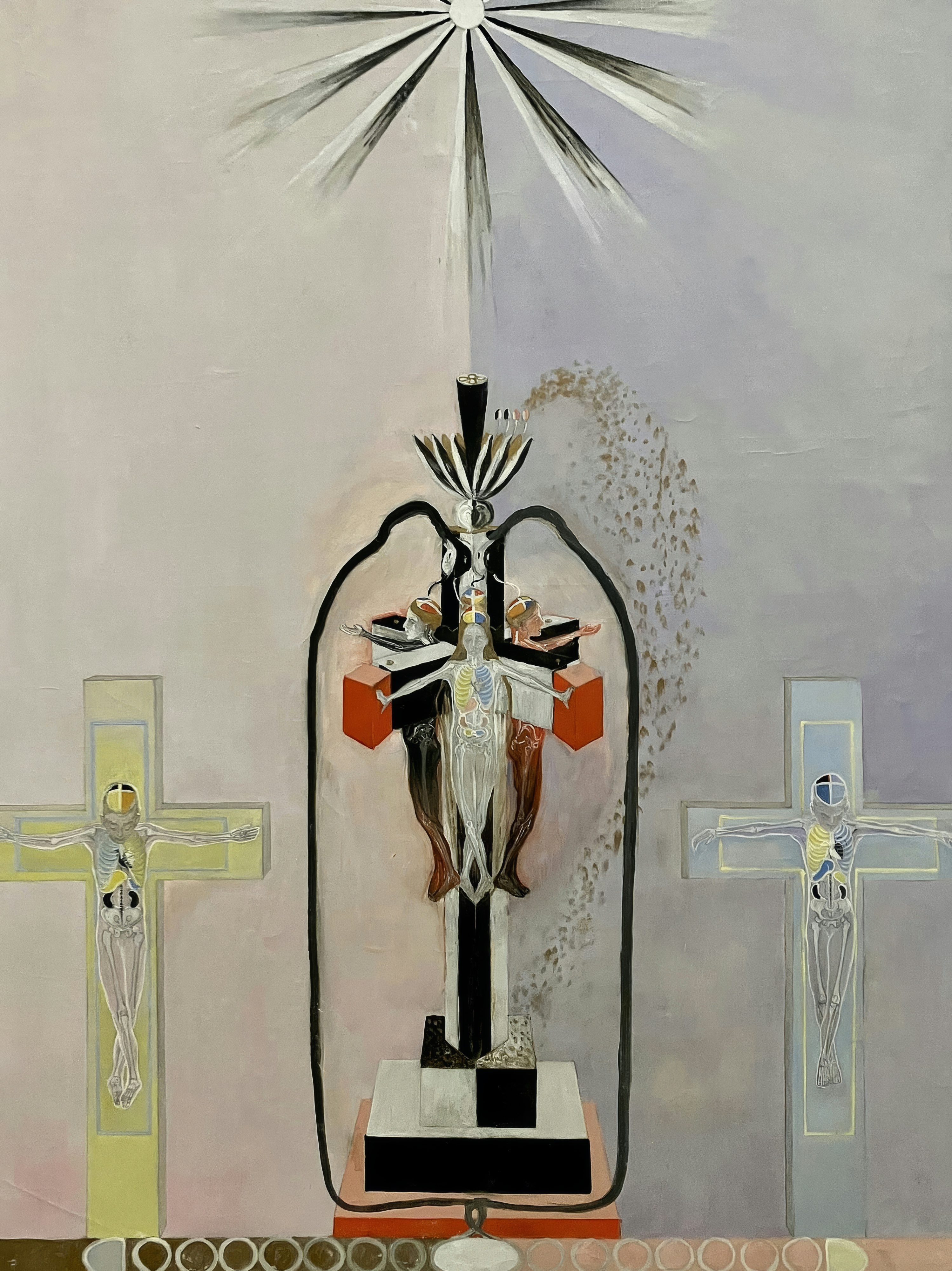 Figures and crosses stand on a ground of pale lavender and blush.