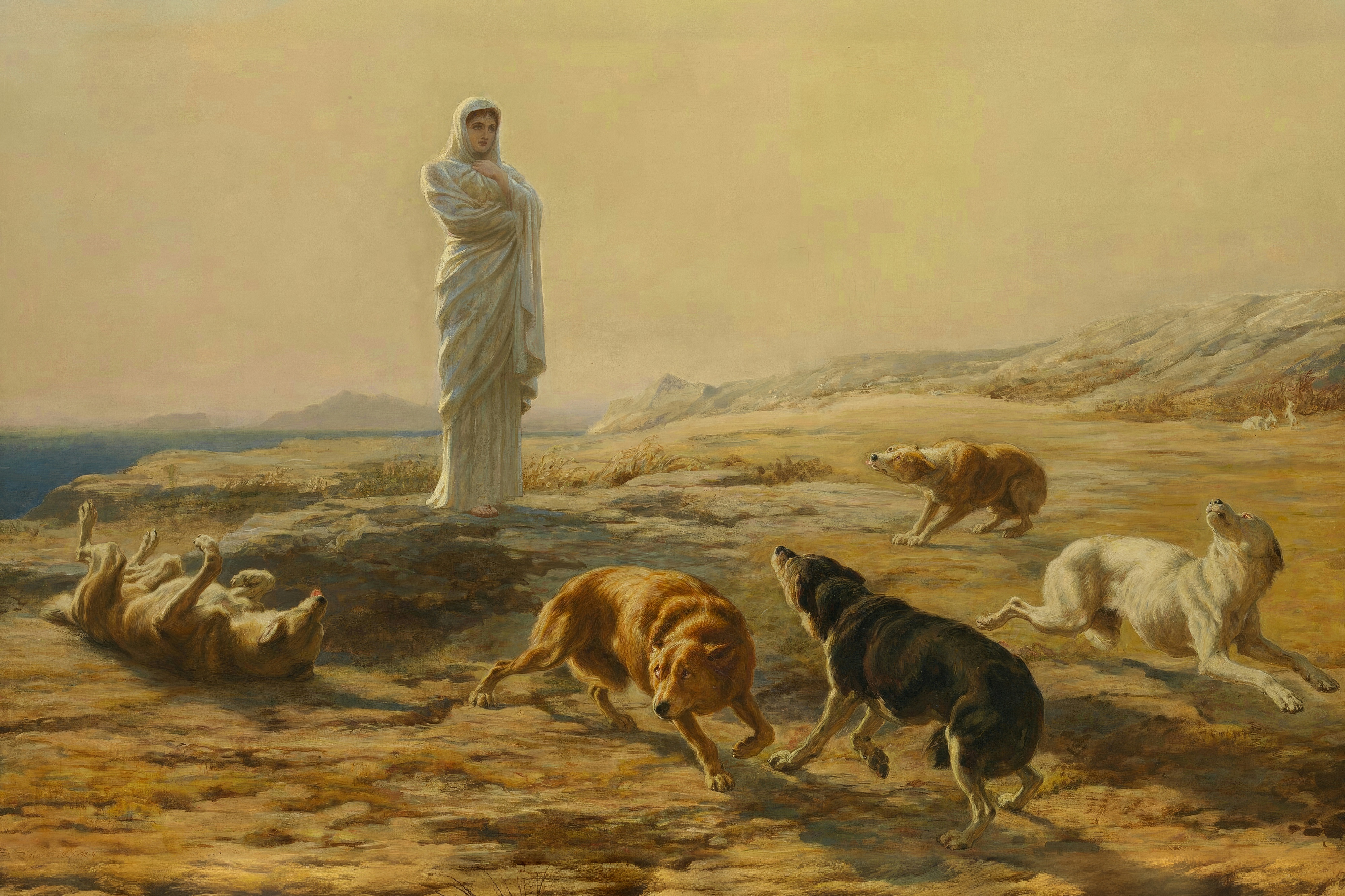 Pallas Athena in white stands on a golden shore as a herdsman’s dogs cower and snarl.