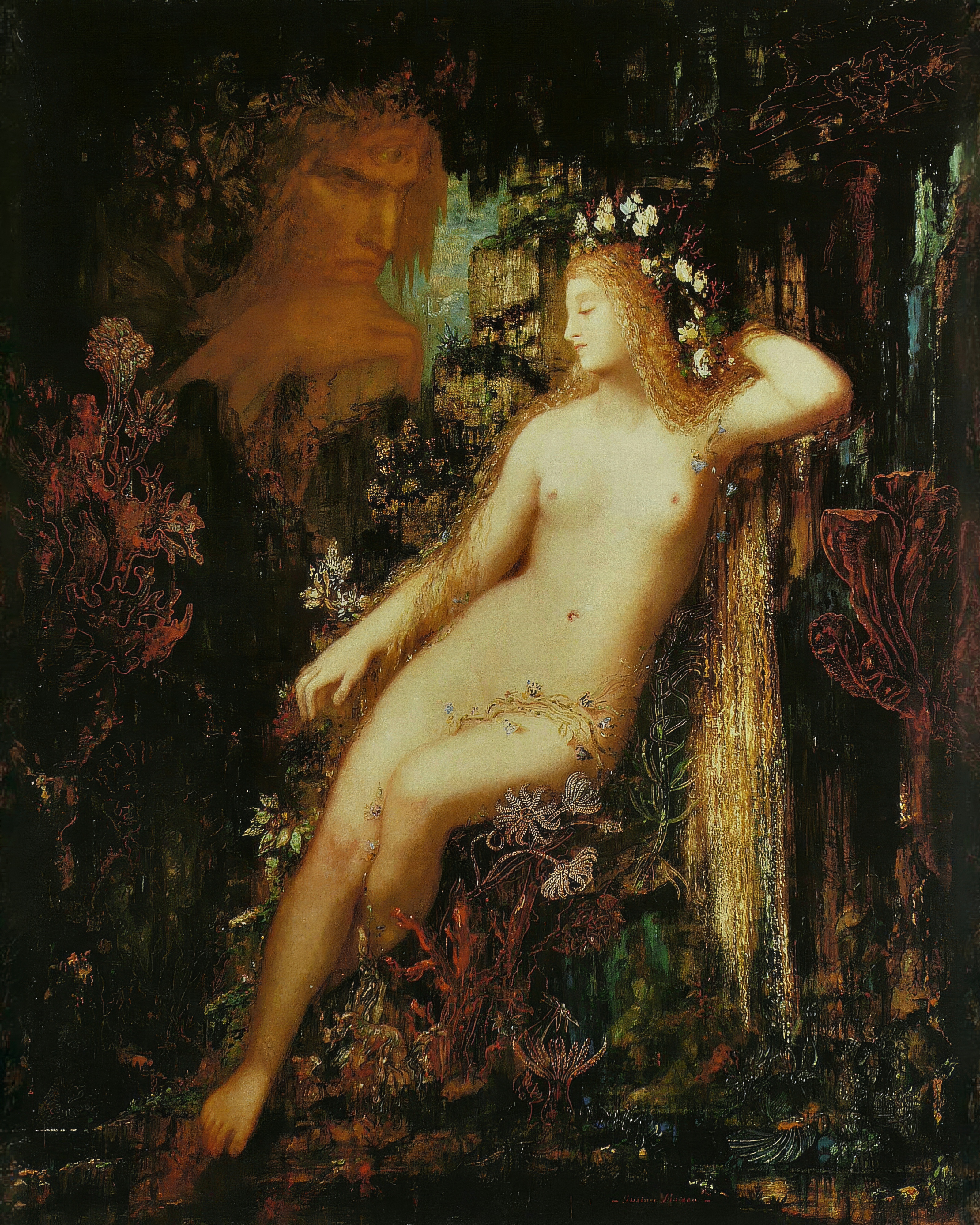 Gustave Moreau's Galatea: the pale sea nymph rests in a jewelled grotto while the giant cyclops Polyphemus gazes down at her.