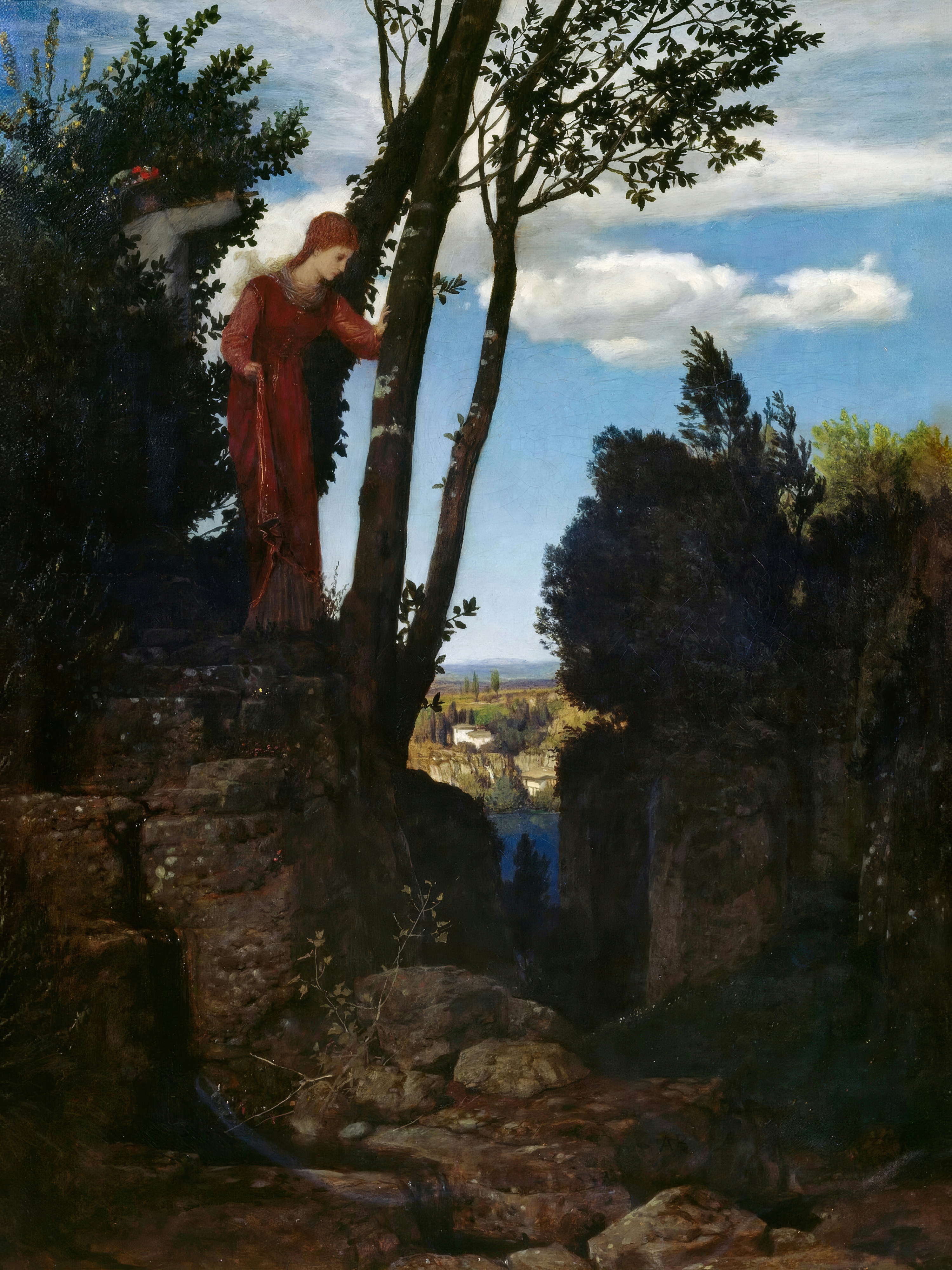 A woman in a red gown pauses on a stone stairway on a shadowed hillside above a sunlit coast.