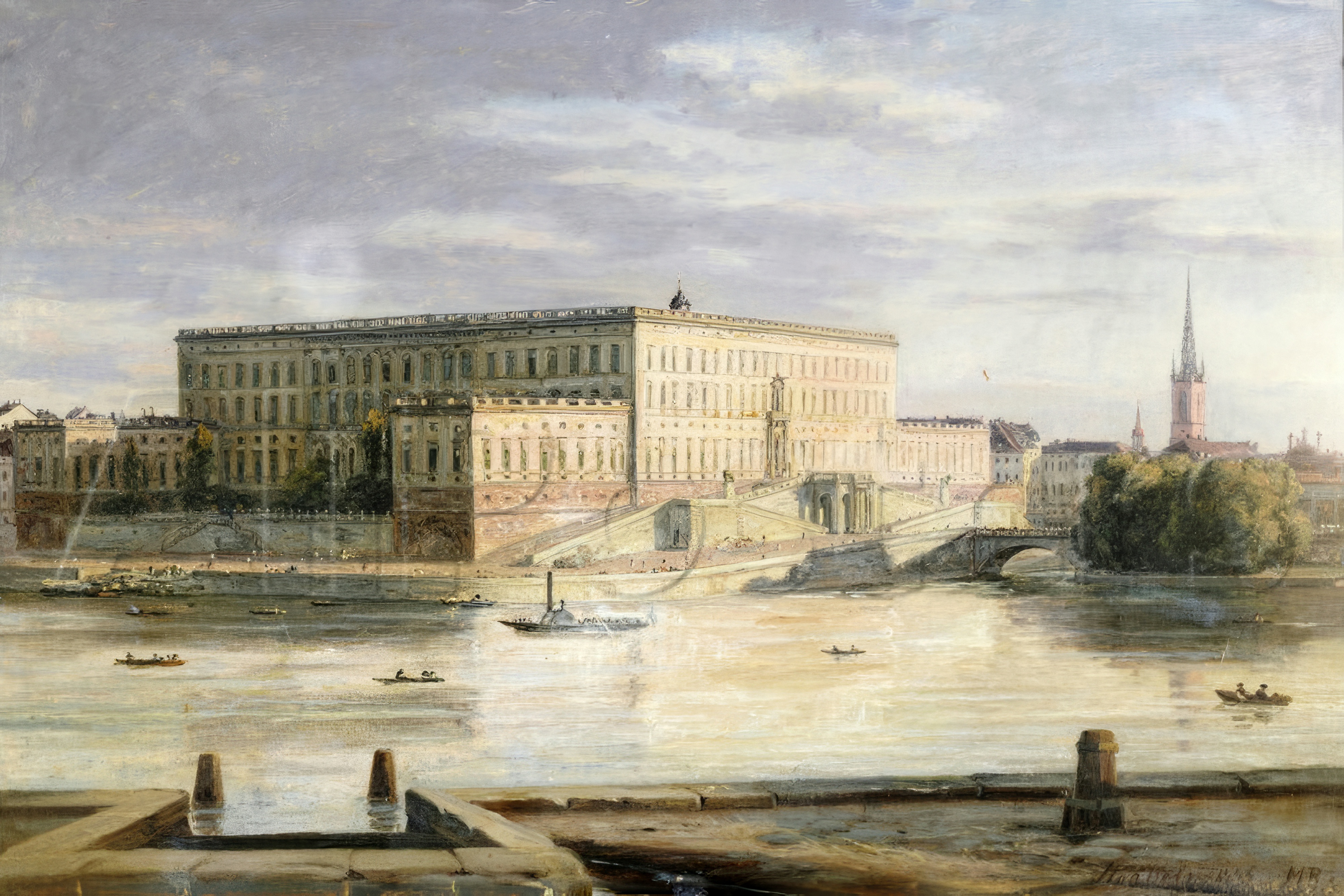 The Royal Palace in Stockholm seen across calm water under a vast pale sky, with small boats on the water.