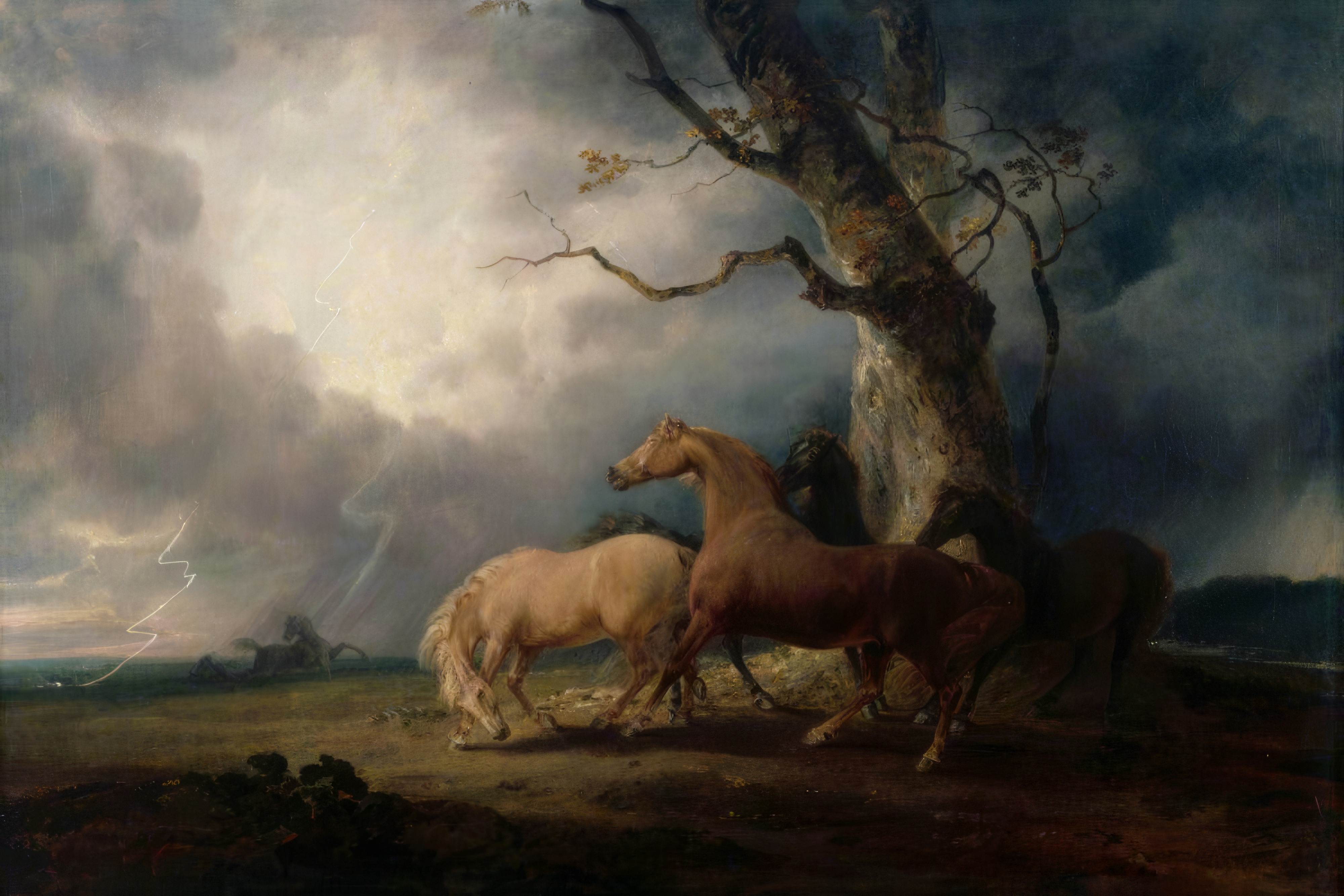 Three horses rear and huddle under a bare tree as lightning splits a dark sky.