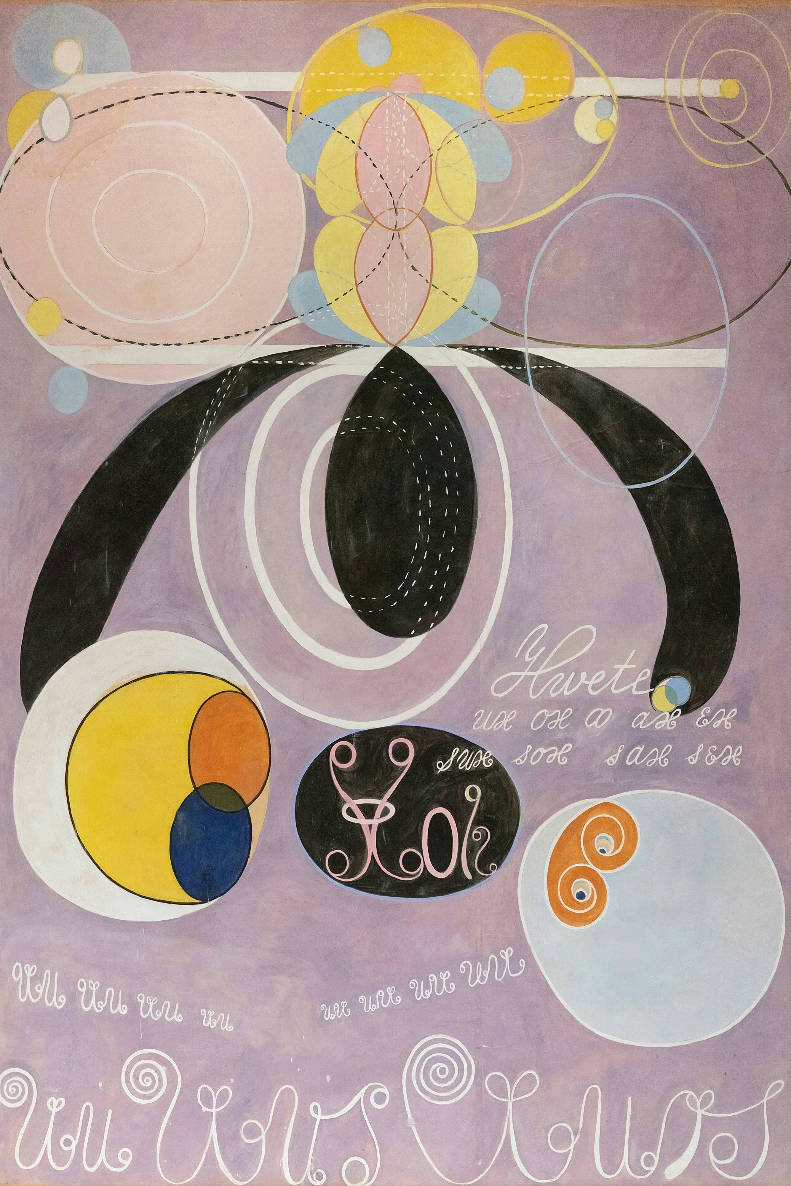 Black arches and pale pink, yellow and blue circles on a lavender ground.