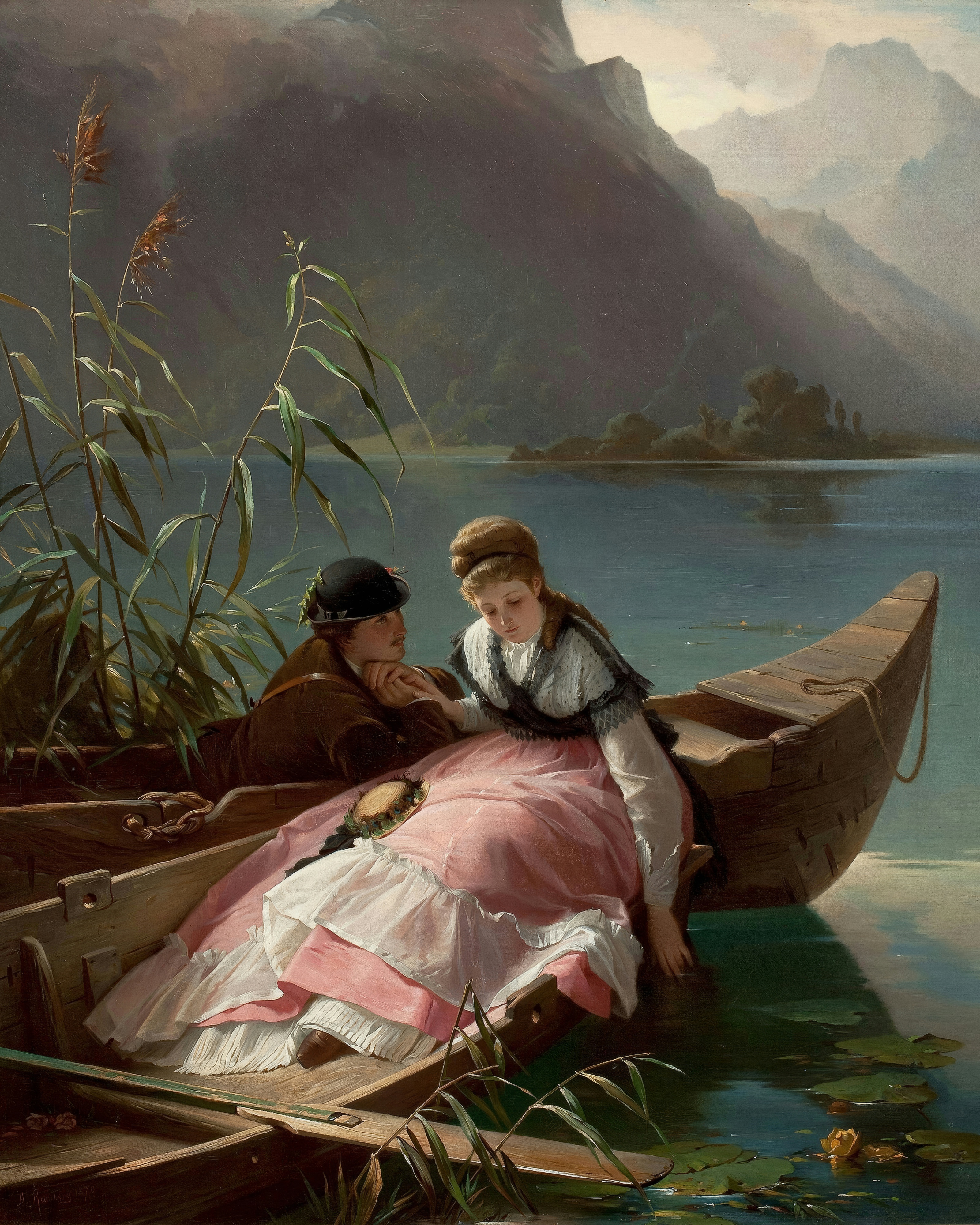 A young woman in a pink and white gown reclining in a moored rowing boat among reeds, a young man in a dark coat beside her, on an alpine lake with misty mountains; painted by Arthur von Ramberg.
