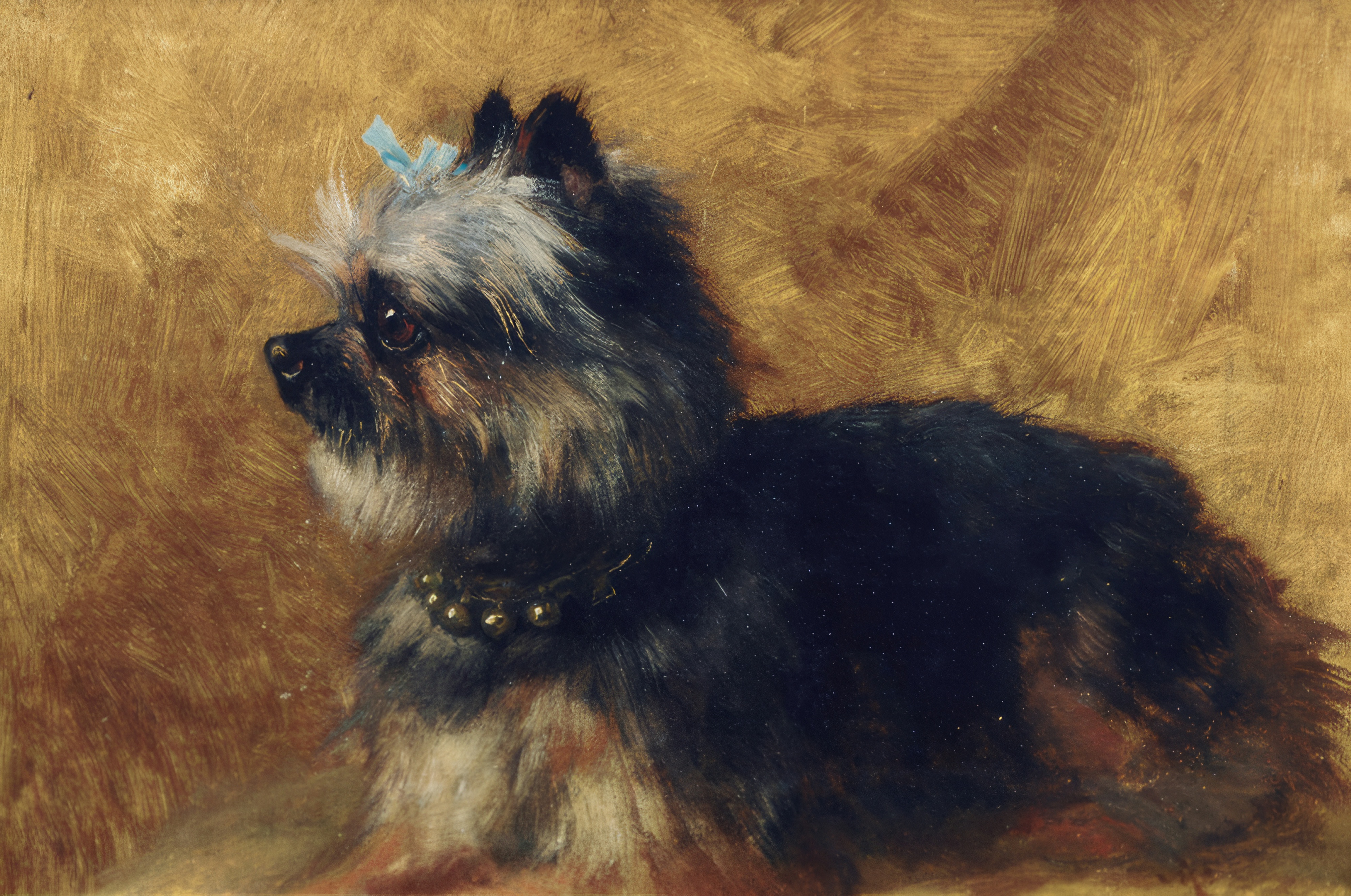 A Yorkshire terrier sits in profile against a golden ochre background, its silky coat painted in detail.